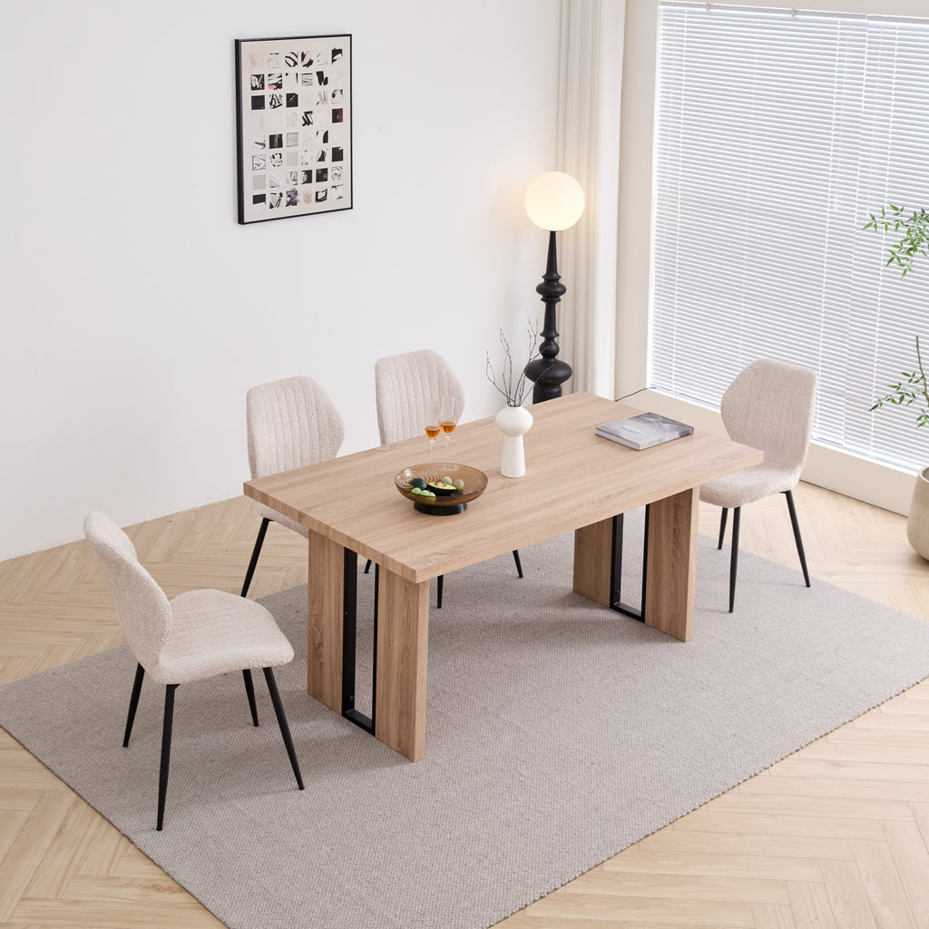 5pcs Rectangle Dining Table Chairs Set for 4, 63" Farmhouse Wood Kitchen Table with 4 Upholstered Mid Century Modern Boucle Chairs for Dinner, Living Dining Room, Apartment, Beige