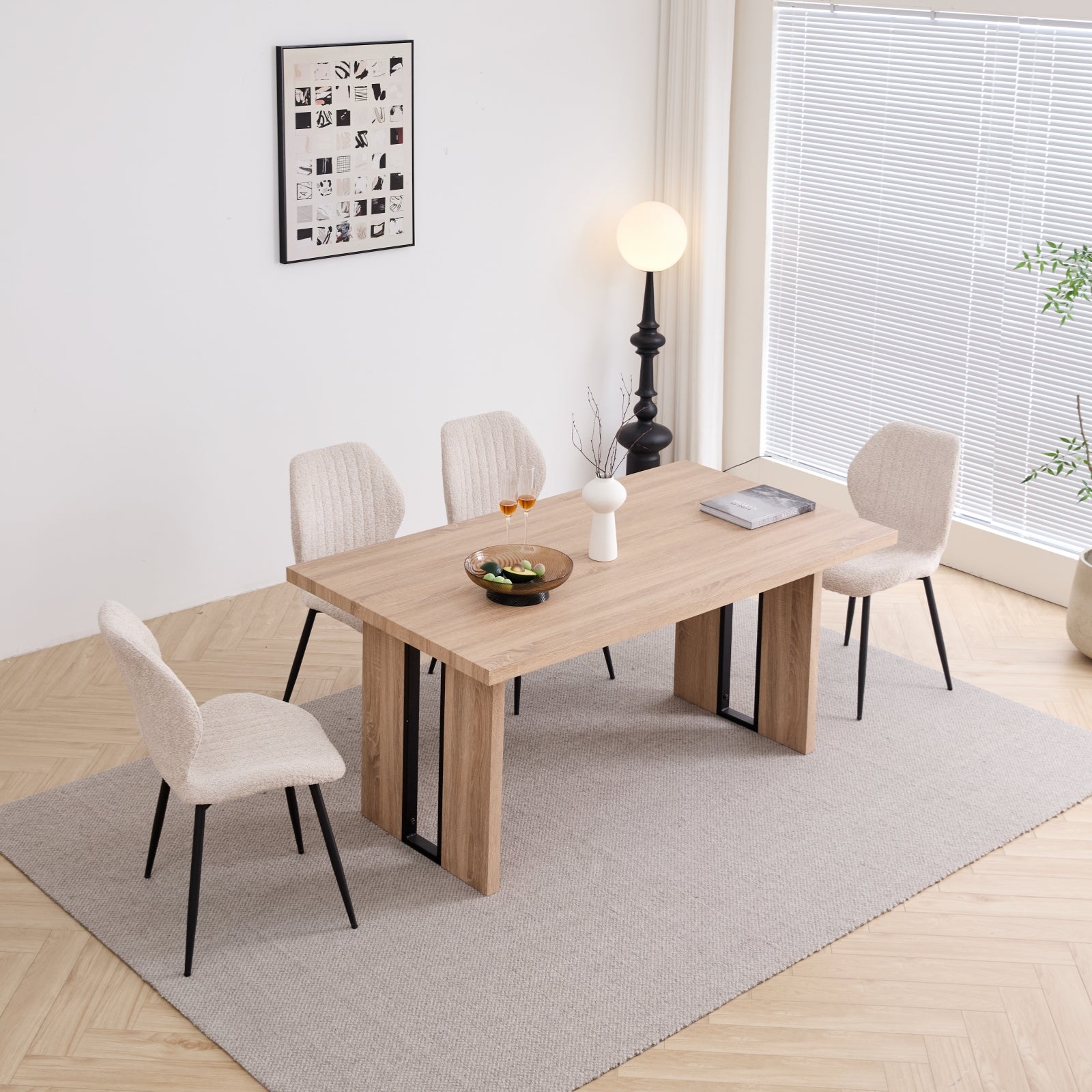 5pcs Rectangle Dining Table Chairs Set for 4, 63" Farmhouse Wood Kitchen Table with 4 Upholstered Mid Century Modern Boucle Chairs for Dinner, Living Dining Room, Apartment, Beige