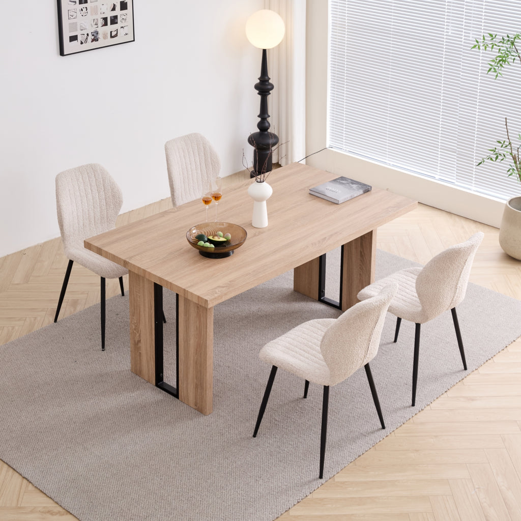 5pcs Rectangle Dining Table Chairs Set for 4, 63" Farmhouse Wood Kitchen Table with 4 Upholstered Mid Century Modern Boucle Chairs for Dinner, Living Dining Room, Apartment, Beige