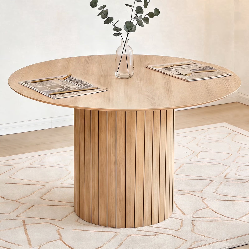 47 inches Modern Round Dining Table, Wood Kitchen Table for 4 with Two-part Tabletop and Wooden Strip Columns Base, Farmhouse Table for Kitchen, Dinning Room, Oak