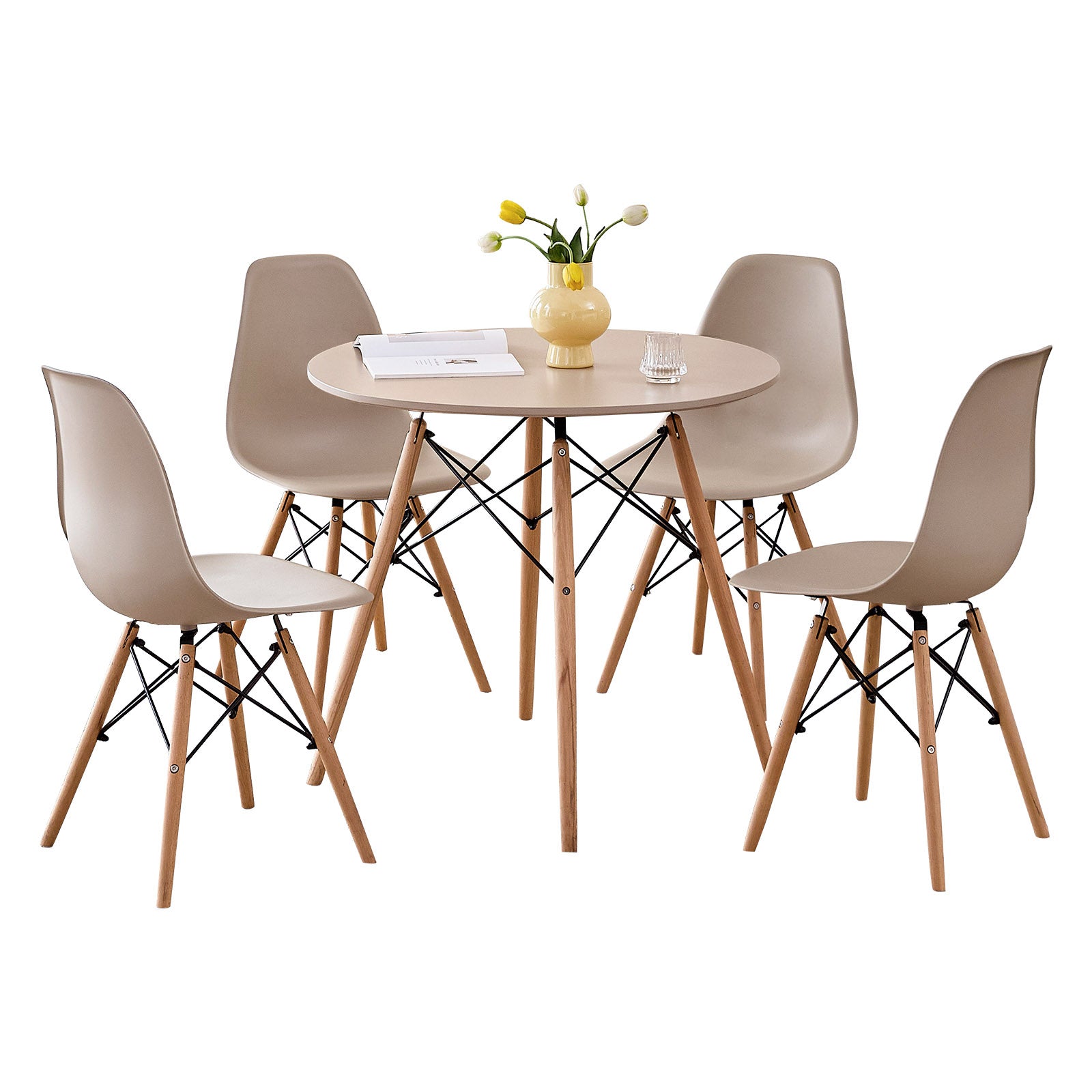 5 Piece 31.5'' Round Dining Table Set for 4, Mid-Century Modern Table W/ 4 Chairs for Kitchen, Home, Living Room, Apartment, Wood Legs, Metal Frame
