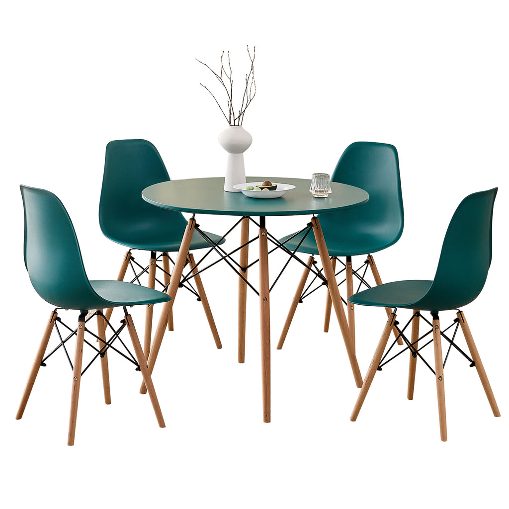 5 Piece 31.5'' Round Dining Table Set for 4, Kitchen Table & Chairs Set of 4, Mid-Century Modern Table W/ 4 Chairs for Home, Living Room, Apartment, Wood Legs, Metal Frame, Green