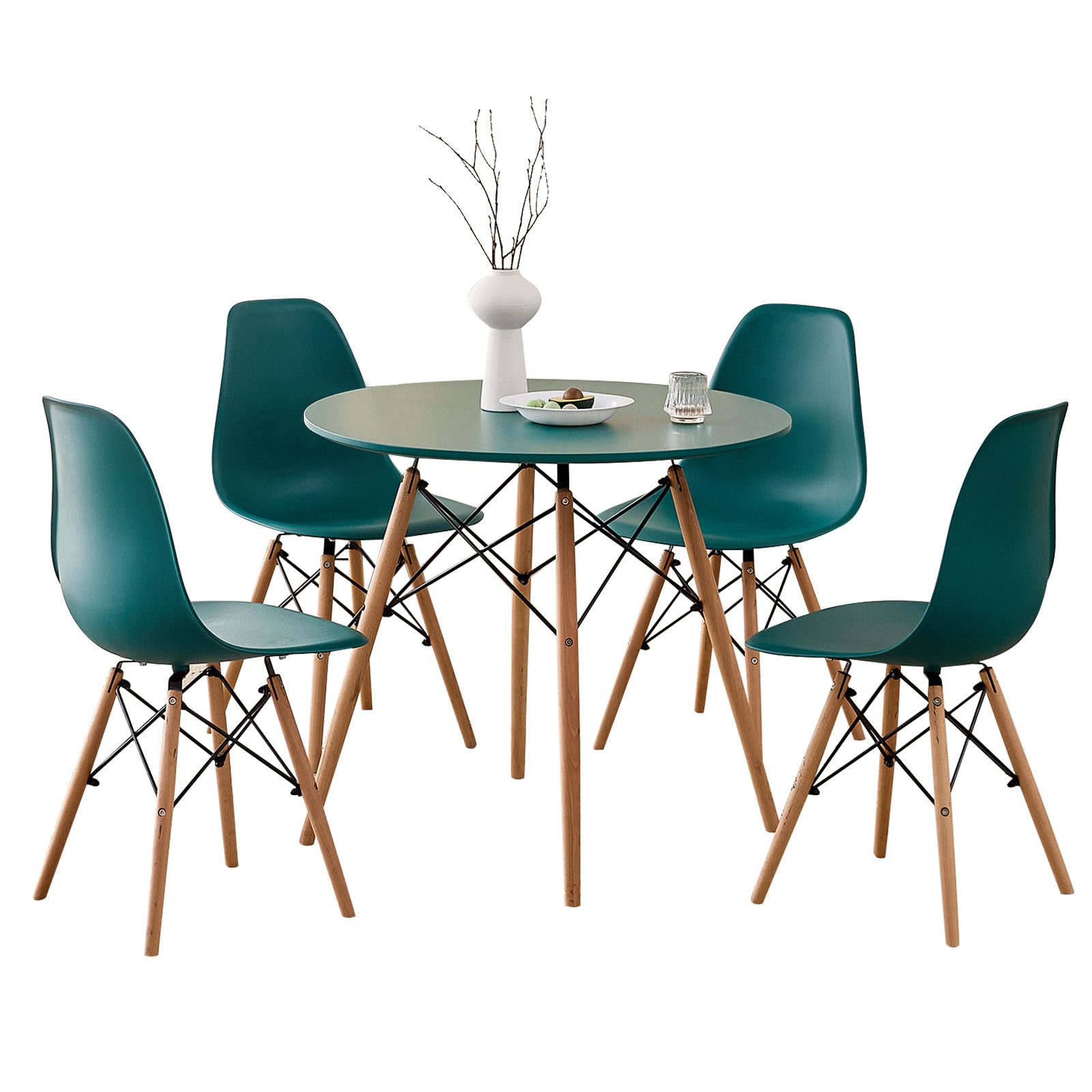 5 Piece 31.5'' Round Dining Table Set for 4, Kitchen Table & Chairs Set of 4, Mid-Century Modern Table W/ 4 Chairs for Home, Living Room, Apartment, Wood Legs, Metal Frame, Green
