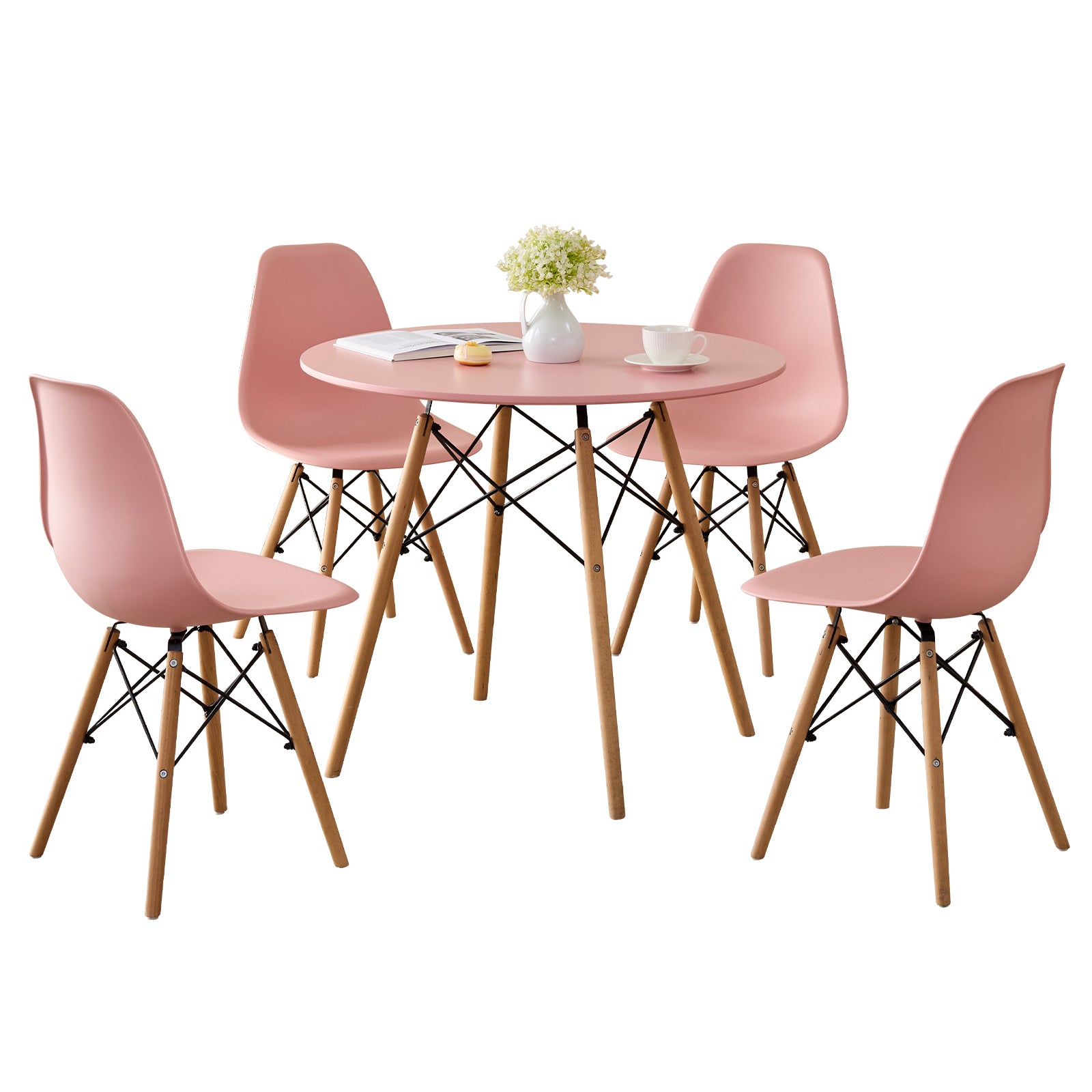 5-Piece 31.5'' Round Dining Table Set for 4, Kitchen Table Chair Set of 4, Mid-Century Modern Dinette Dining Room Table Set Dinner Table for 4 W/Solid Wood Legs, Pink