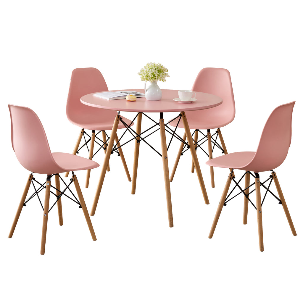 5-Piece 35.5'' Round Dining Table Set for 4, Kitchen Table Chair Set of 4, Mid-Century Modern Dinette Dining Room Table Set Dinner Table for 4 W/Solid Wood Legs, Pink