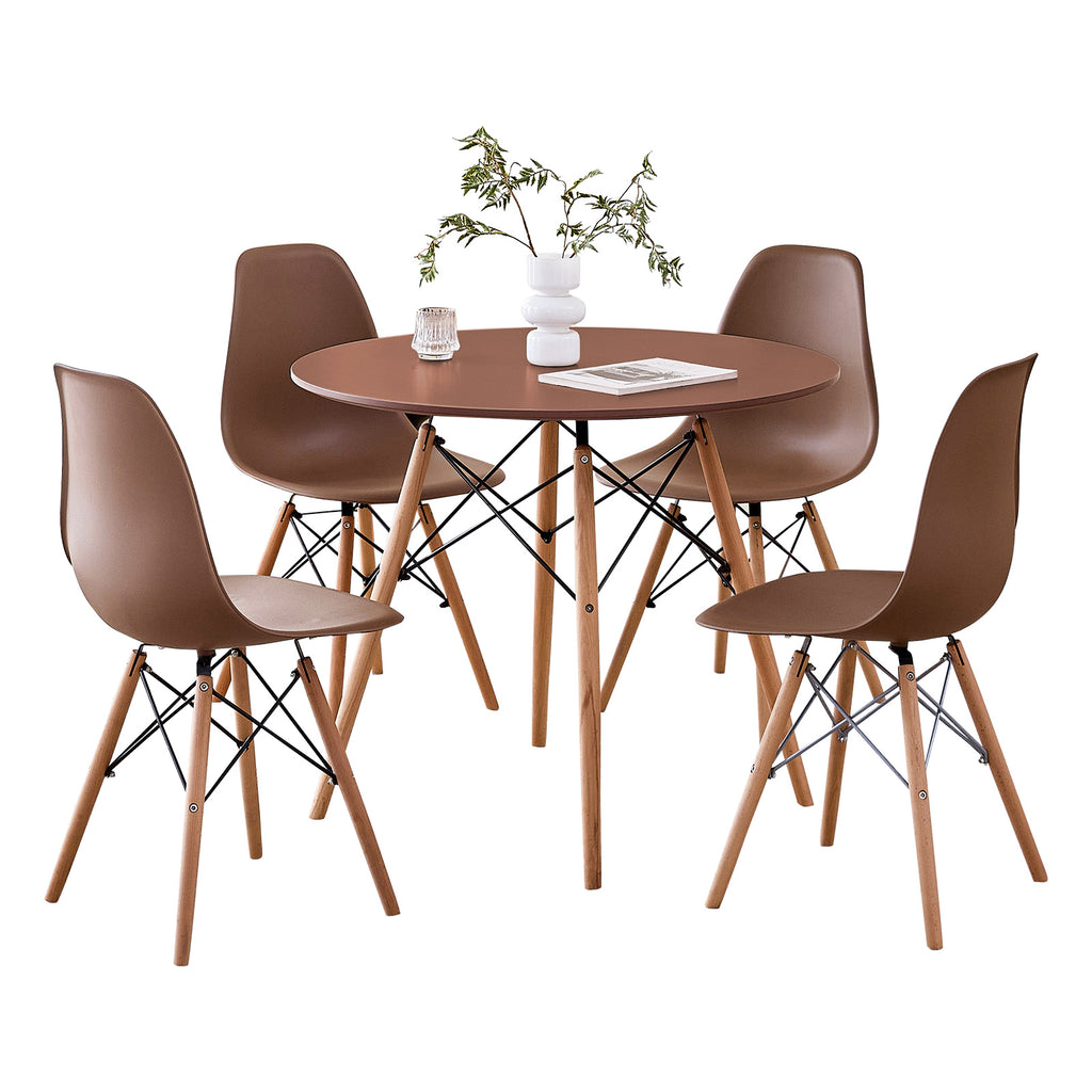 5 Piece 35.5'' Round Dining Table Set for 4, Kitchen Table & Chairs Set of 4, Mid-Century Modern Table W/ 4 Chairs for Home, Living Room, Apartment, Wood Legs, Metal Frame, Brown