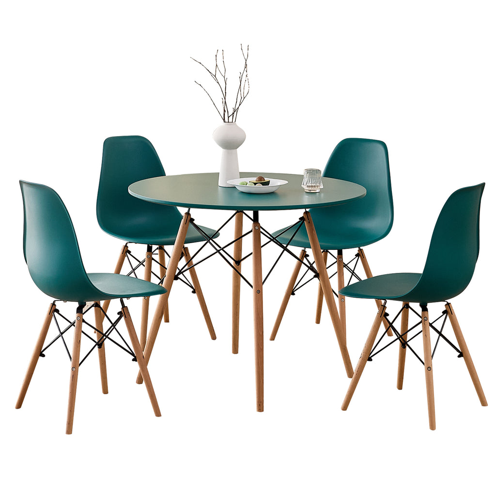 5 Piece 35.5'' Round Dining Table Set for 4, Mid-Century Modern Table W/ 4 Chairs for Kitchen, Home, Living Room, Apartment, Wood Legs, Metal Frame, Plastic Seats, Green