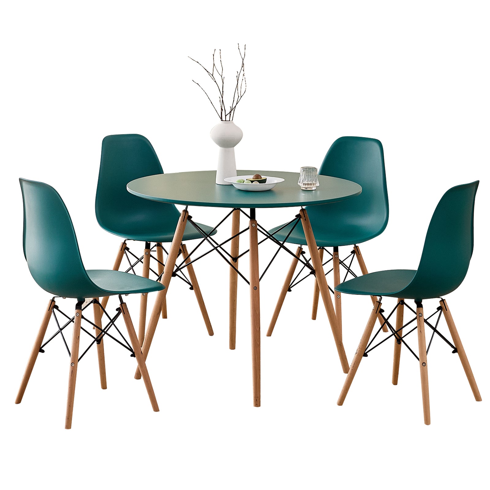 5 Piece 35.5'' Round Dining Table Set for 4, Mid-Century Modern Table W/ 4 Chairs for Kitchen, Home, Living Room, Apartment, Wood Legs, Metal Frame, Plastic Seats, Green