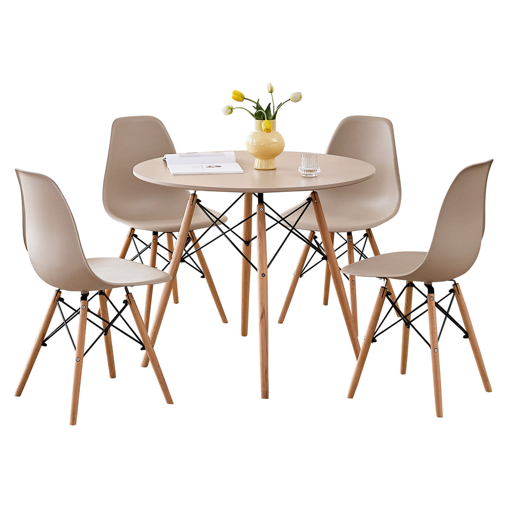 5 Piece 35.5'' Round Dining Table Set for 4, Kitchen Table & Chairs Set of 4, Mid-Century Modern Table W/ 4 Chairs for Home, Living Room, Apartment, Wood Legs, Metal Frame, Sand