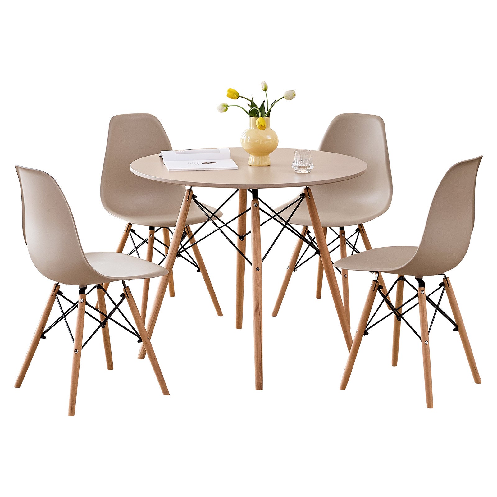 5 Piece 35.5'' Round Dining Table Set for 4, Kitchen Table & Chairs Set of 4, Mid-Century Modern Table W/ 4 Chairs for Home, Living Room, Apartment, Wood Legs, Metal Frame, Sand