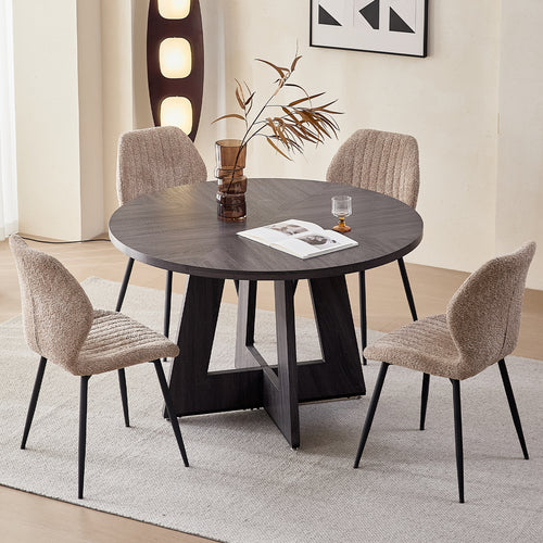 5 Piece 47'' Round Dining Table Chairs Set for 4, Farmhouse Gray Kitchen Table with 4 Boucle Mid Century Modern Dinning Room Chairs, Wood Dinner Table &Upholstered Chair Set of 4, Brown