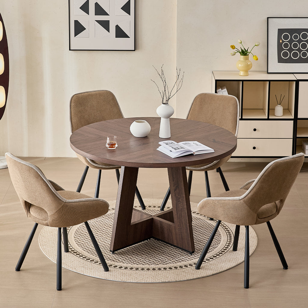 5 Piece 47" Round Dining Table Set for 4, [Fanned Base] [1.38" Thick Top] Wood Kitchen Table with 4 Swivel Dining Chairs, Brown