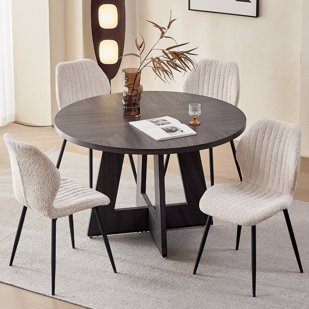 5 Piece 47'' Round Dining Table Chairs Set for 4, Farmhouse Gray Kitchen Table with 4 Boucle Mid Century Modern Dinning Room Chairs, Wood Dinner Table &Upholstered Chair Set of 4, Beige
