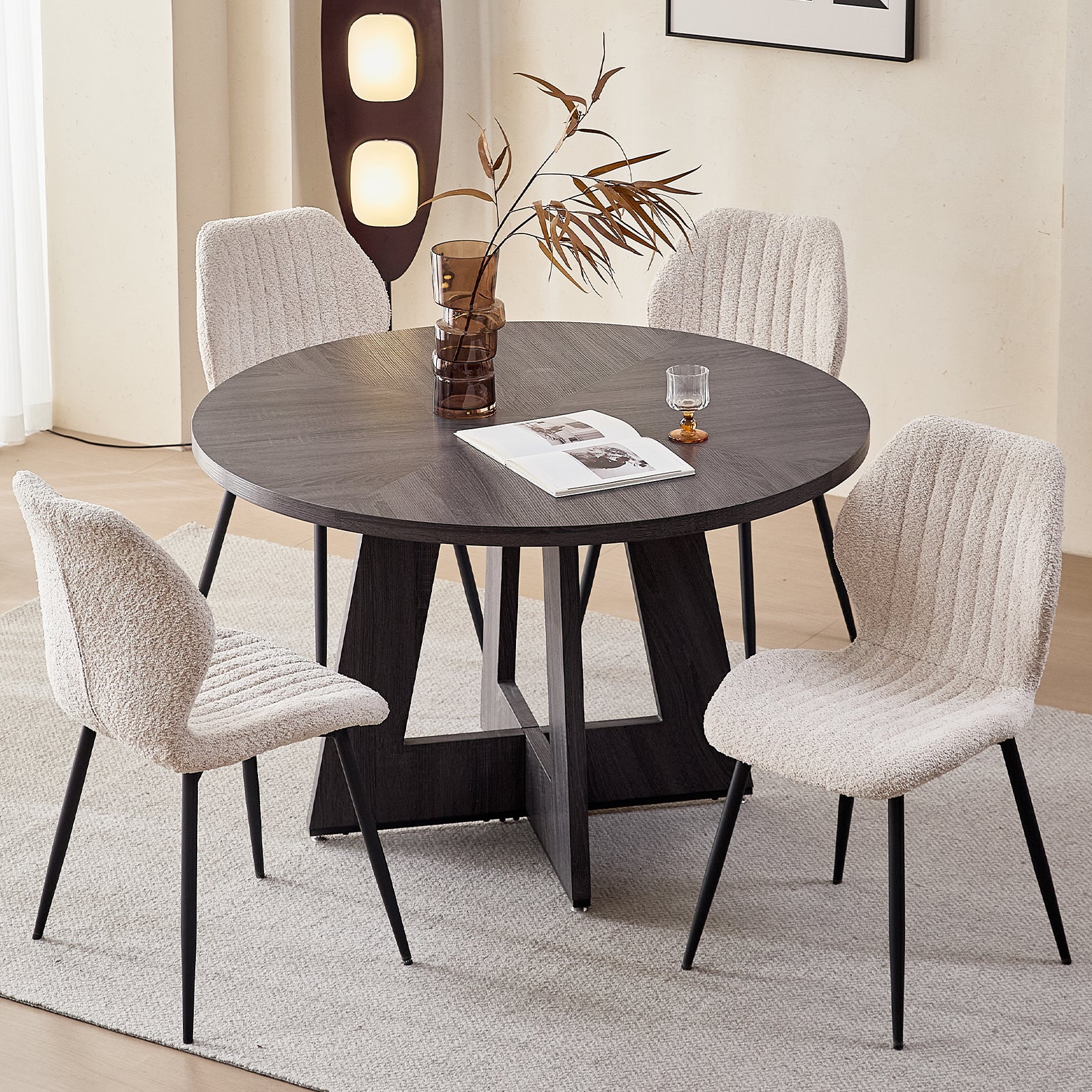 5 Piece 47'' Round Dining Table Chairs Set for 4, Farmhouse Gray Kitchen Table with 4 Boucle Mid Century Modern Dinning Room Chairs, Wood Dinner Table &Upholstered Chair Set of 4, Beige