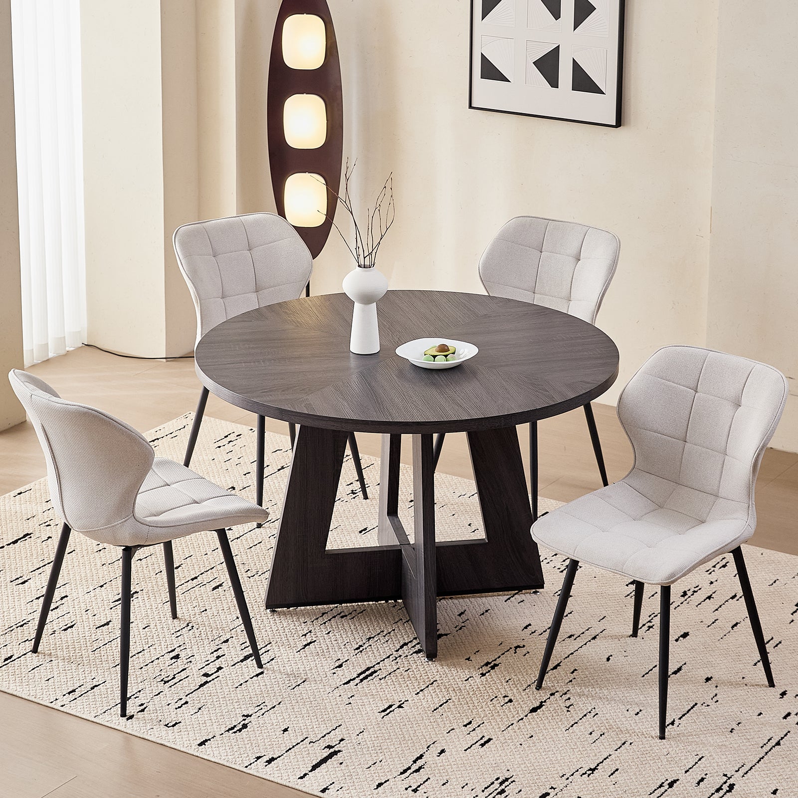 5 Piece 47'' Round Dining Table Chairs Set for 4, Farmhouse Grey Kitchen Table with Chairs Mid Century Modern Dinning Room Set Wood Kitchen Table with 4 Water-Resistant Fabric Dining Chairs, White