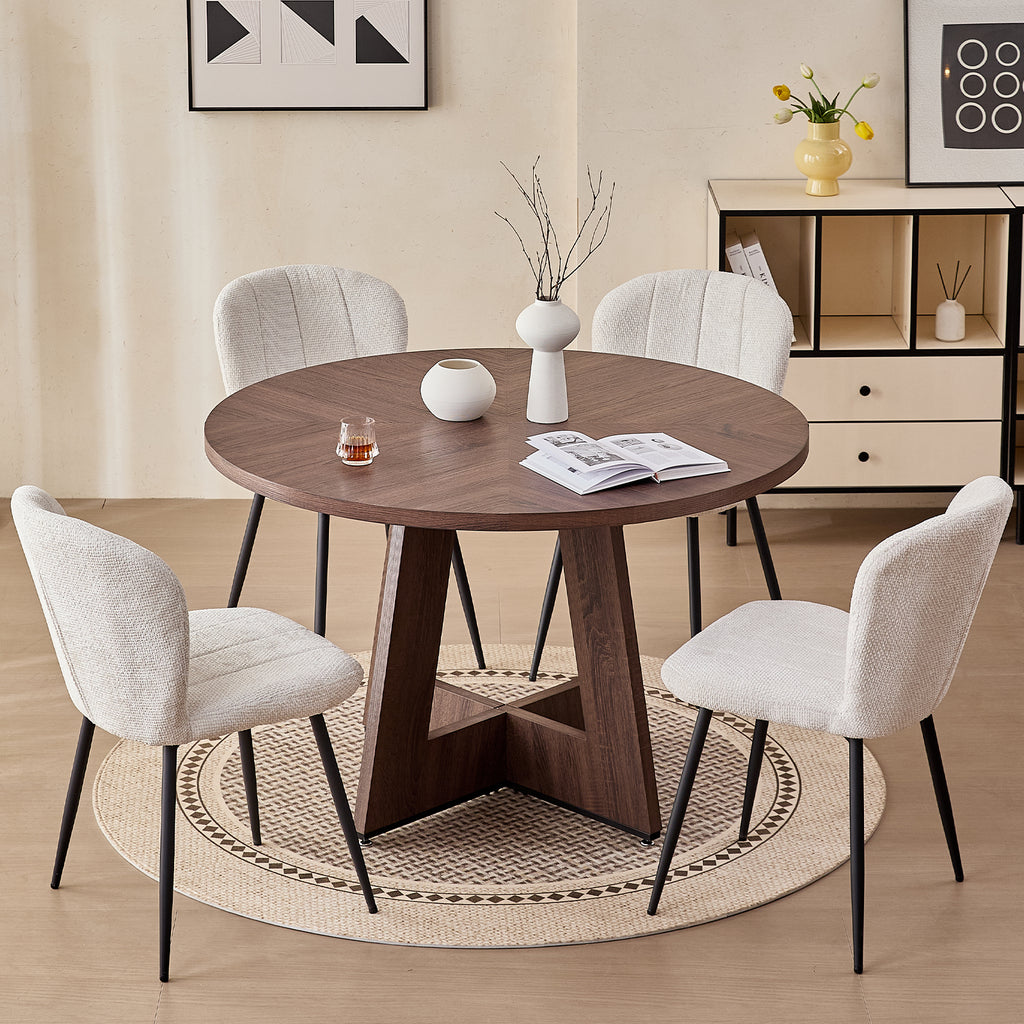 5 Piece 47" Round Dining Room Table Set for 4, [Fanned Base] [1.38" Thick Top] Wood Kitchen Table with 4 White Chenille Dining Chairs
