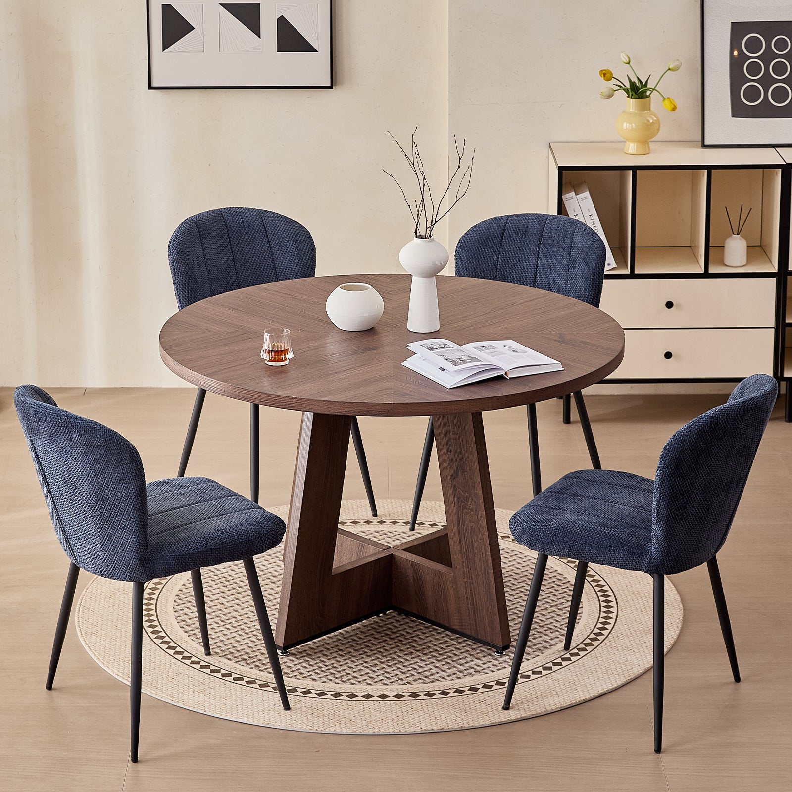 5 Piece 47" Round Dining Room Table Set for 4, [Fanned Base] [1.38" Thick Top] Wood Kitchen Table with 4 Blue Chenille Dining Chairs