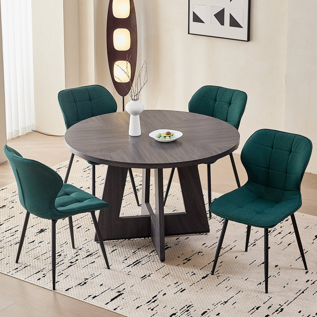 5 Piece 47'' Round Dining Table Chairs Set for 4, Farmhouse Grey Kitchen Table with Chairs Mid Century Modern Dinning Room Set Wood Kitchen Table with 4 Water-Resistant Fabric Dining Chairs, Green