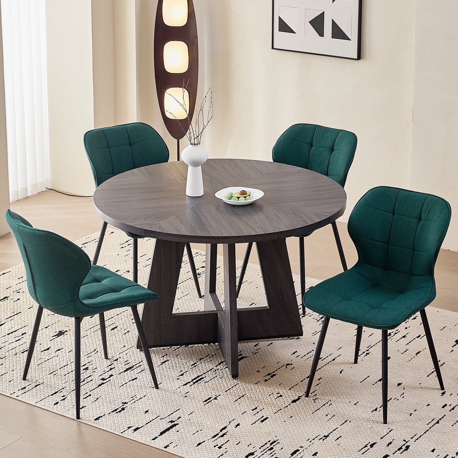 5 Piece 47'' Round Dining Table Chairs Set for 4, Farmhouse Grey Kitchen Table with Chairs Mid Century Modern Dinning Room Set Wood Kitchen Table with 4 Water-Resistant Fabric Dining Chairs, Green