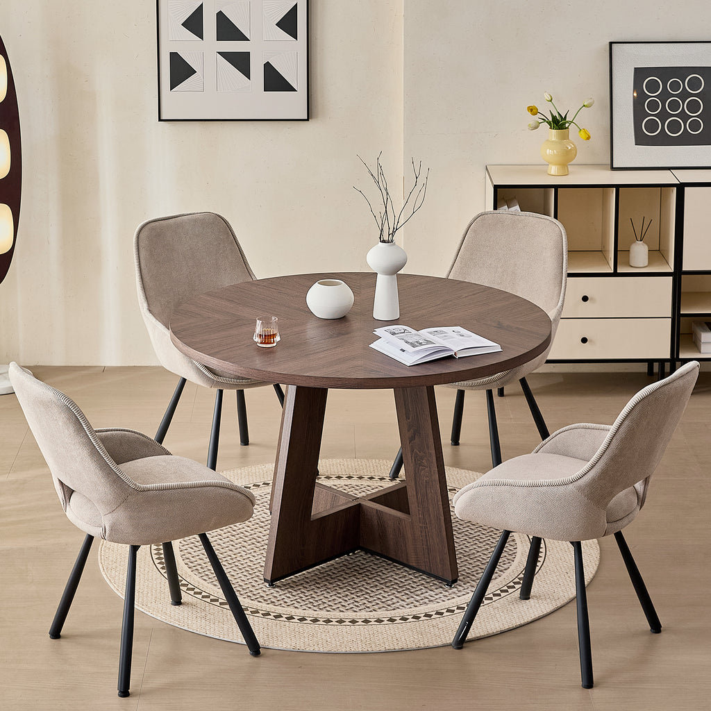 5 Piece 47" Round Dining Table Set for 4, [Fanned Base] [1.38" Thick Top] Wood Kitchen Table with 4 Swivel Dining Chairs, Beige