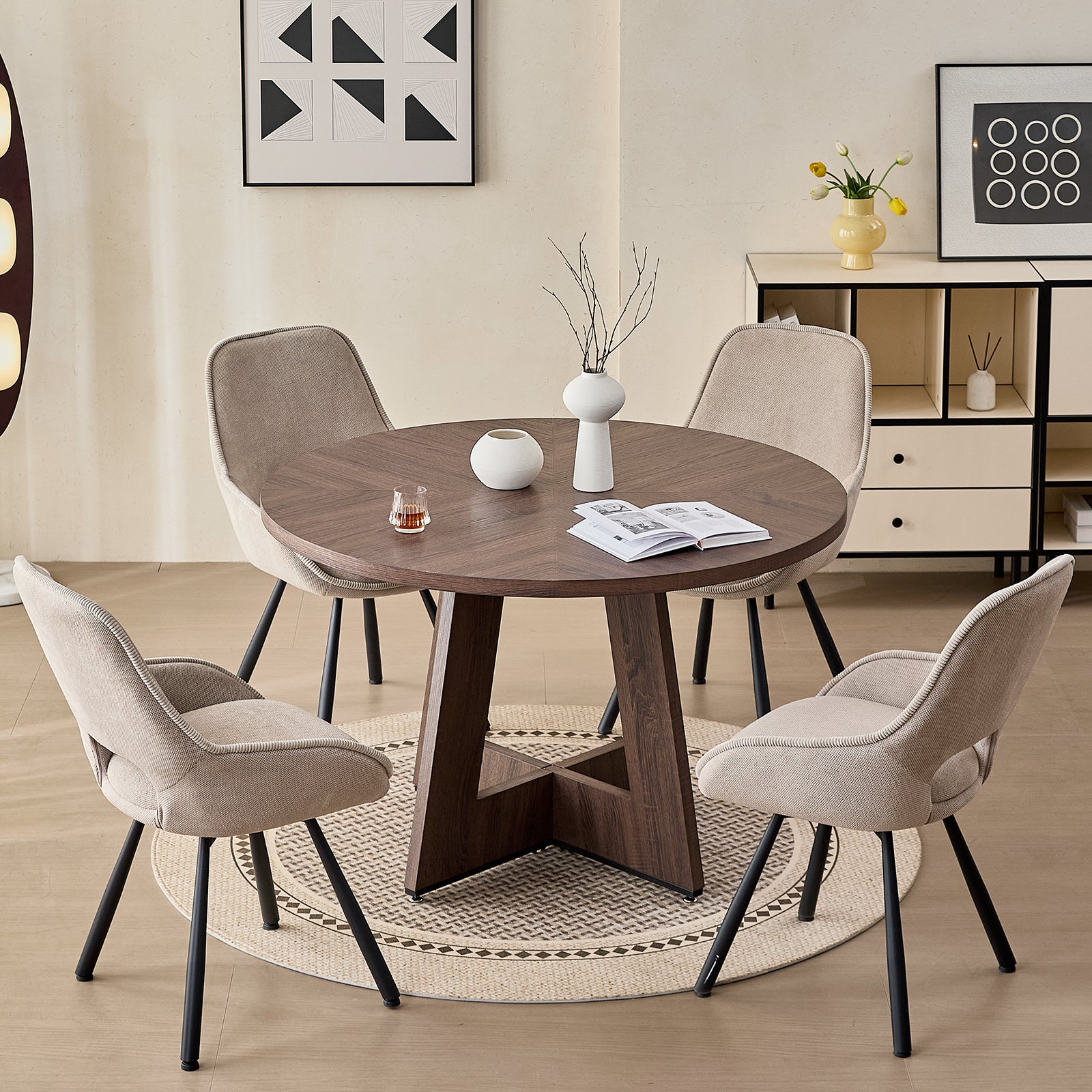 5 Piece 47" Round Dining Table Set for 4, [Fanned Base] [1.38" Thick Top] Wood Kitchen Table with 4 Swivel Dining Chairs, Beige
