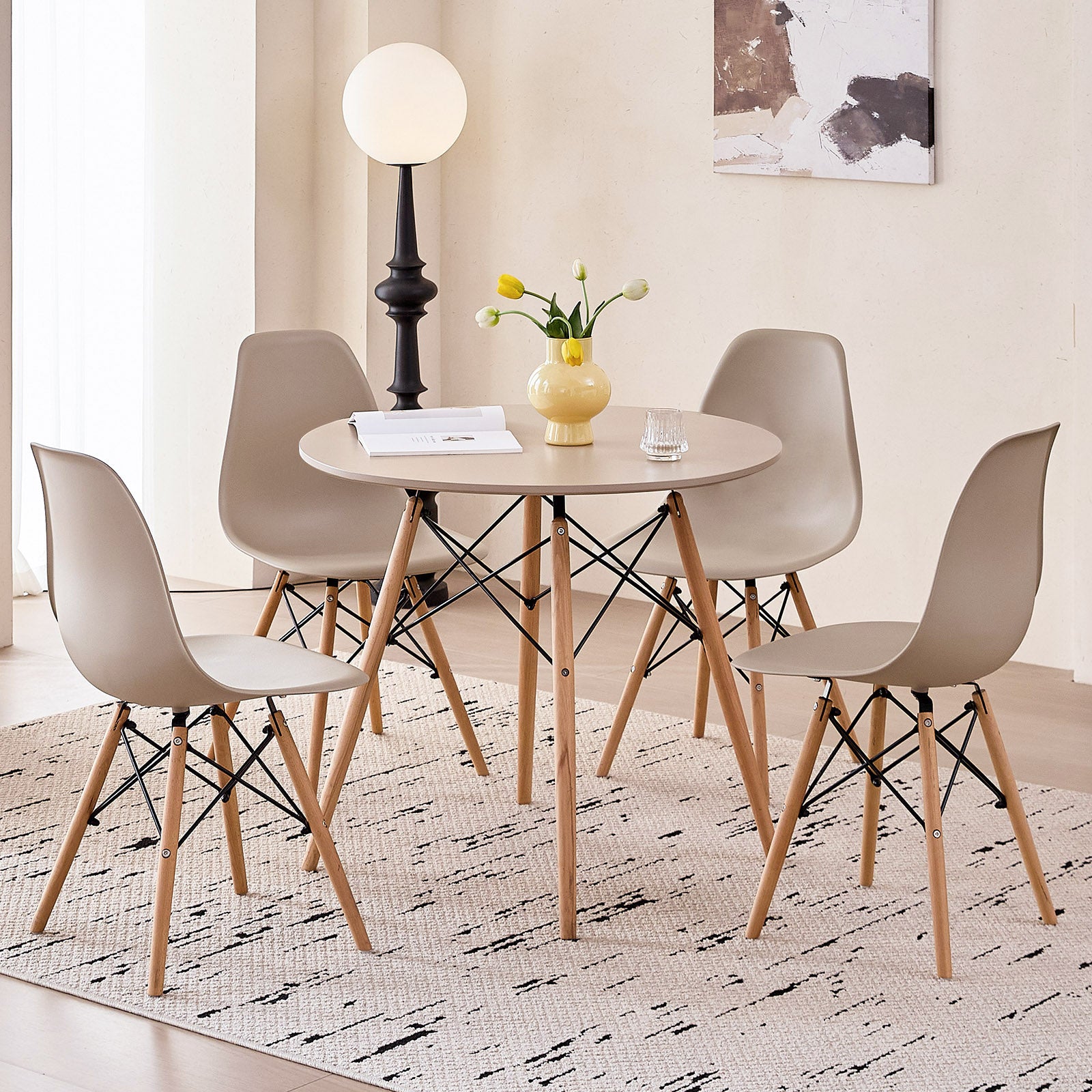5 Piece 31.5'' Round Dining Table Set for 4, Mid-Century Modern Table W/ 4 Chairs for Kitchen, Home, Living Room, Apartment, Wood Legs, Metal Frame