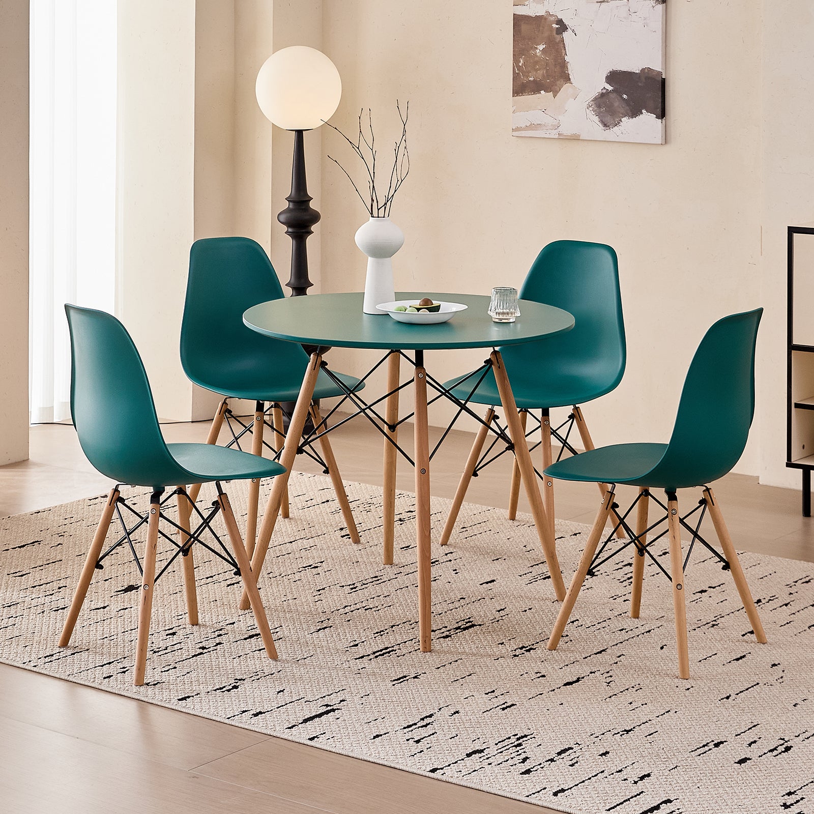 5 Piece 31.5'' Round Dining Table Set for 4, Kitchen Table & Chairs Set of 4, Mid-Century Modern Table W/ 4 Chairs for Home, Living Room, Apartment, Wood Legs, Metal Frame, Green