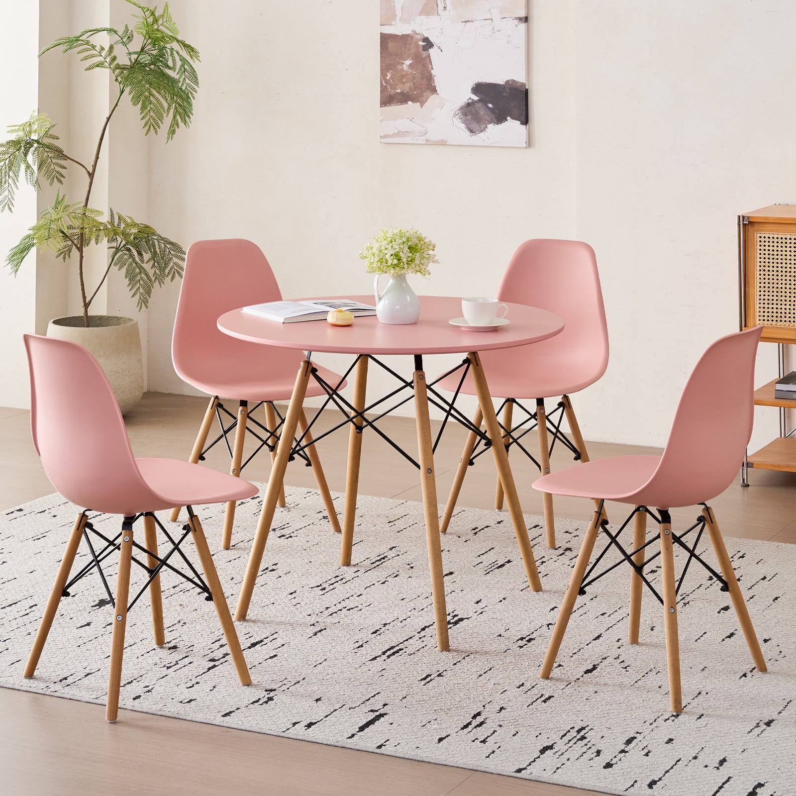 5-Piece 31.5'' Round Dining Table Set for 4, Kitchen Table Chair Set of 4, Mid-Century Modern Dinette Dining Room Table Set Dinner Table for 4 W/Solid Wood Legs, Pink