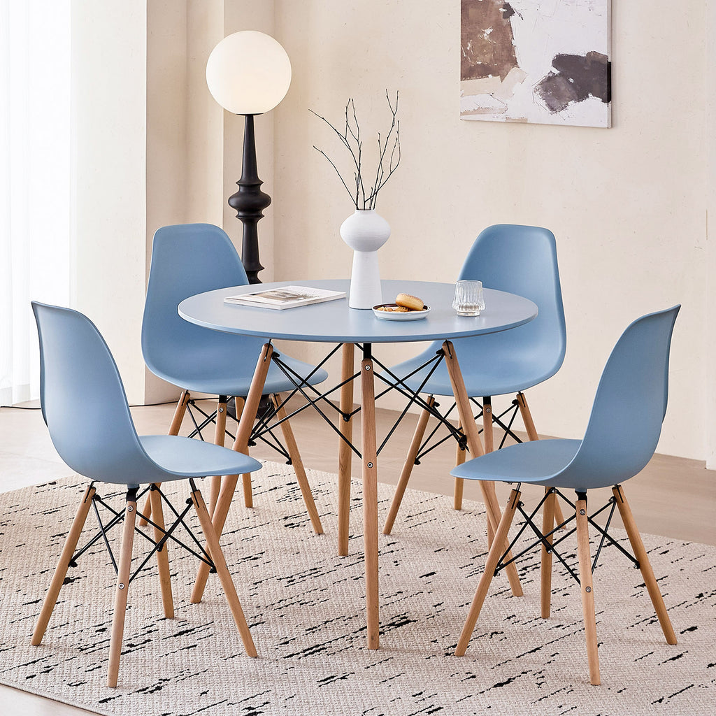 5 Piece 35.5'' Round Dining Table Set for 4, Kitchen Table & Chairs Set of 4, Mid-Century Modern Table W/ 4 Chairs for Home, Living Room, Apartment, Wood Legs, Metal Frame, Blue