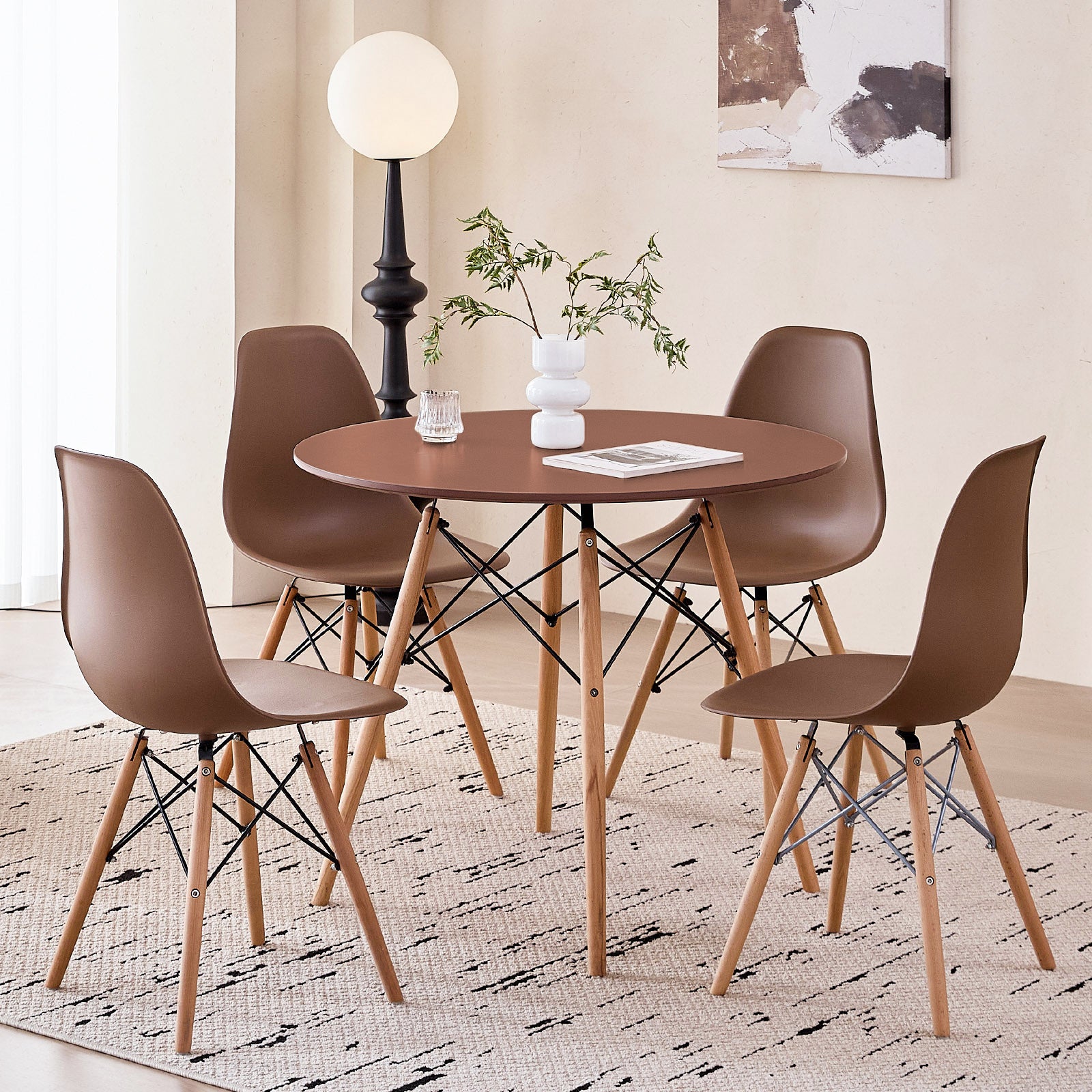 5 Piece 35.5'' Round Dining Table Set for 4, Kitchen Table & Chairs Set of 4, Mid-Century Modern Table W/ 4 Chairs for Home, Living Room, Apartment, Wood Legs, Metal Frame, Brown