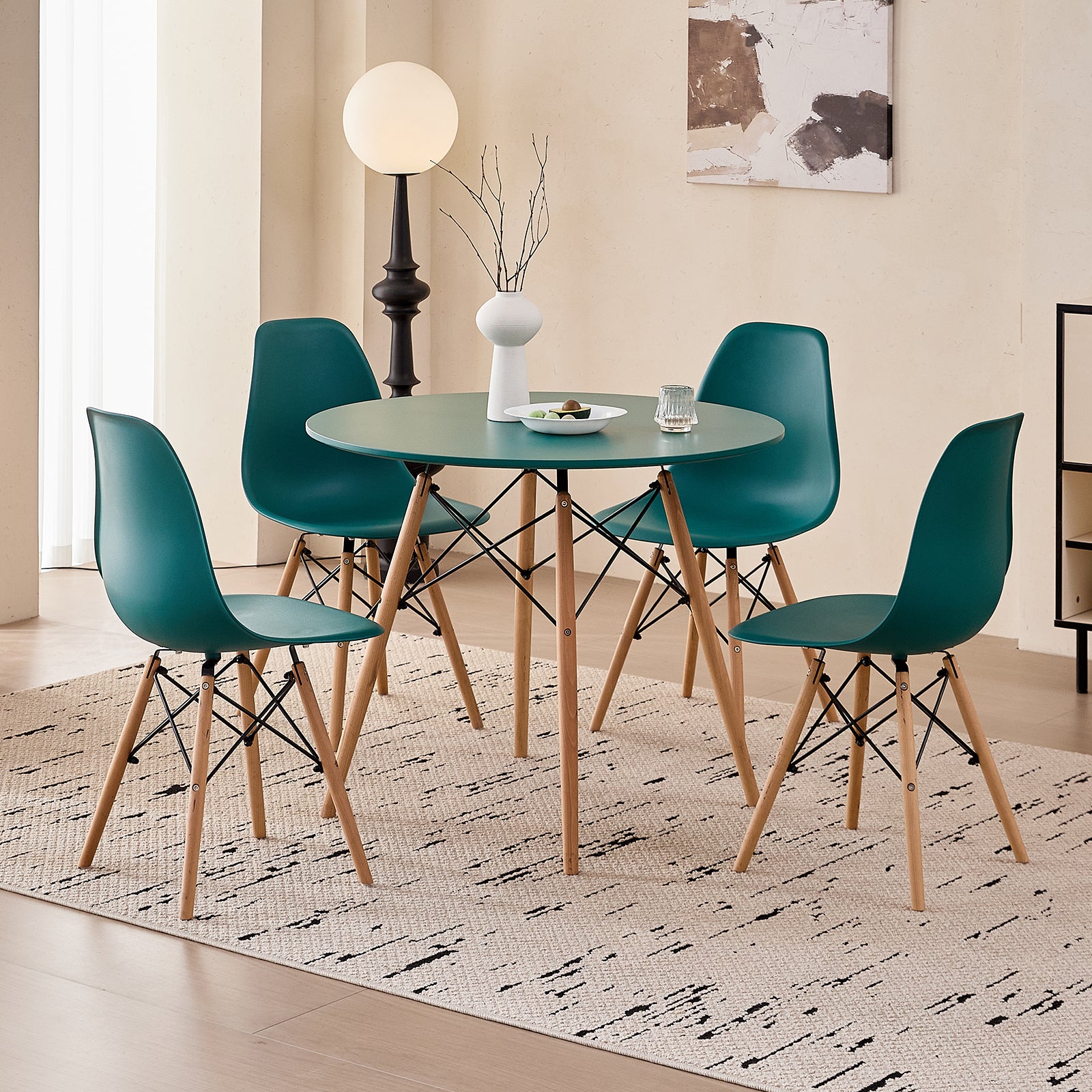 5 Piece 35.5'' Round Dining Table Set for 4, Mid-Century Modern Table W/ 4 Chairs for Kitchen, Home, Living Room, Apartment, Wood Legs, Metal Frame, Plastic Seats, Green