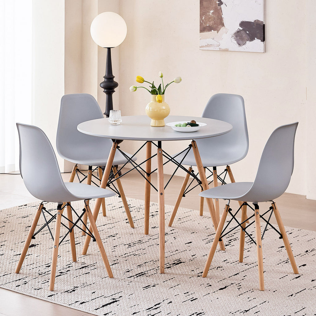 5 Piece 35.5'' Round Dining Table Set for 4, Kitchen Table & Chairs Set of 4, Mid-Century Modern Table W/ 4 Chairs for Home, Living Room, Apartment, Wood Legs, Metal Frame, Gray