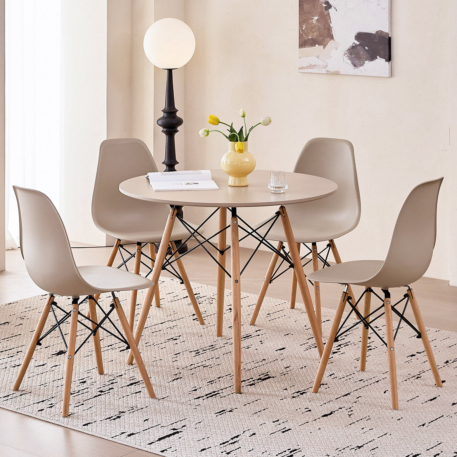 5 Piece 35.5'' Round Dining Table Set for 4, Kitchen Table & Chairs Set of 4, Mid-Century Modern Table W/ 4 Chairs for Home, Living Room, Apartment, Wood Legs, Metal Frame, Sand