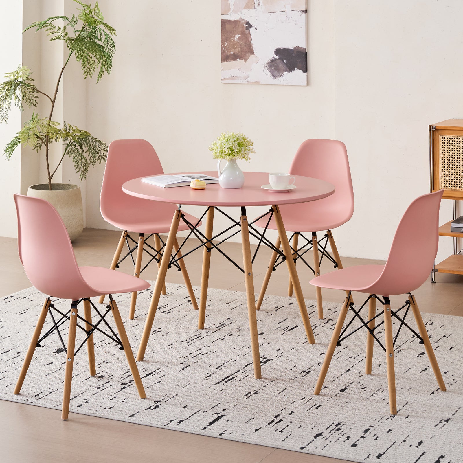 5-Piece 35.5'' Round Dining Table Set for 4, Kitchen Table Chair Set of 4, Mid-Century Modern Dinette Dining Room Table Set Dinner Table for 4 W/Solid Wood Legs, Pink