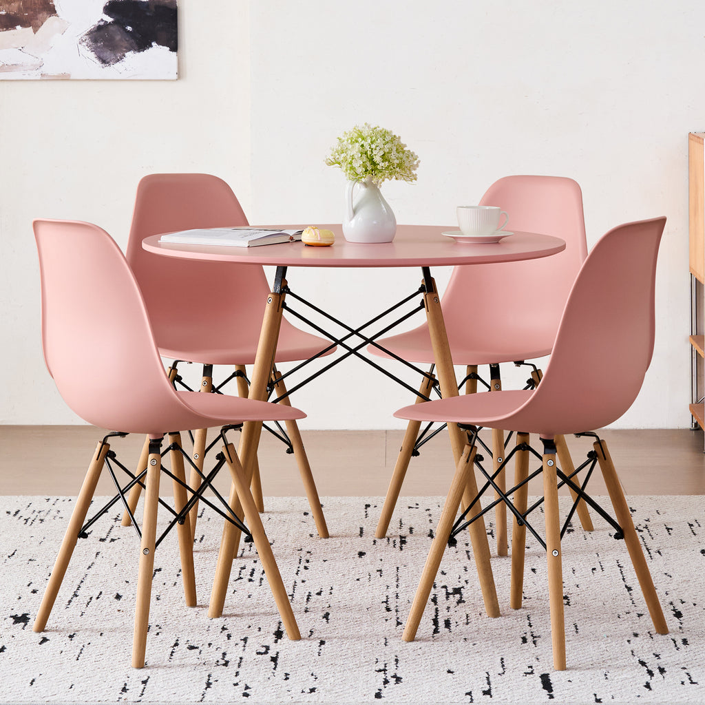 5-Piece 31.5'' Round Dining Table Set for 4, Kitchen Table Chair Set of 4, Mid-Century Modern Dinette Dining Room Table Set Dinner Table for 4 W/Solid Wood Legs, Pink