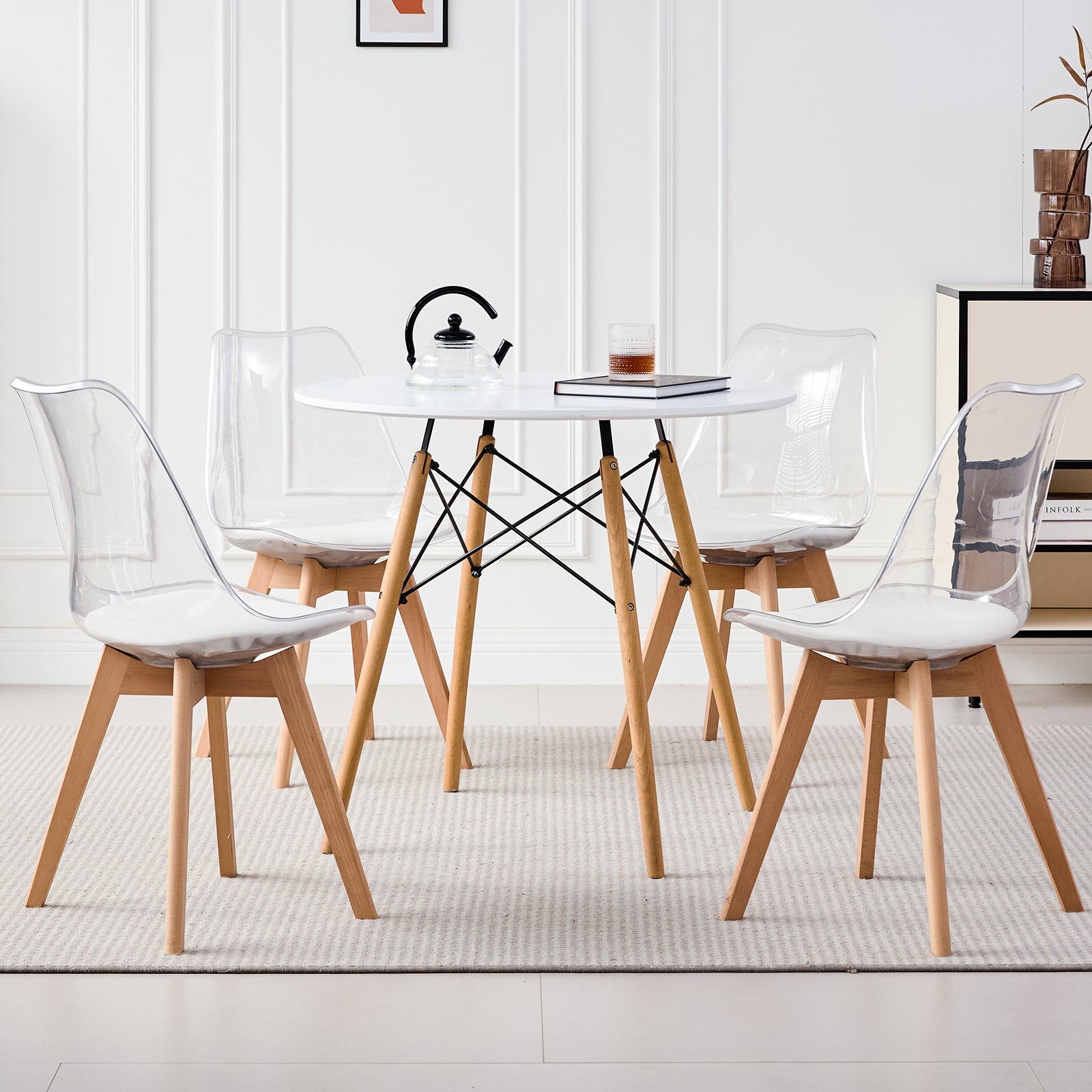 Small Round Dining Table Set for 4, 31.5" Kitchen Table & 4 Clear Acrylic Chairs for Restaurant Bedroom Living Room, Space Saving White Table Chair Set of 4