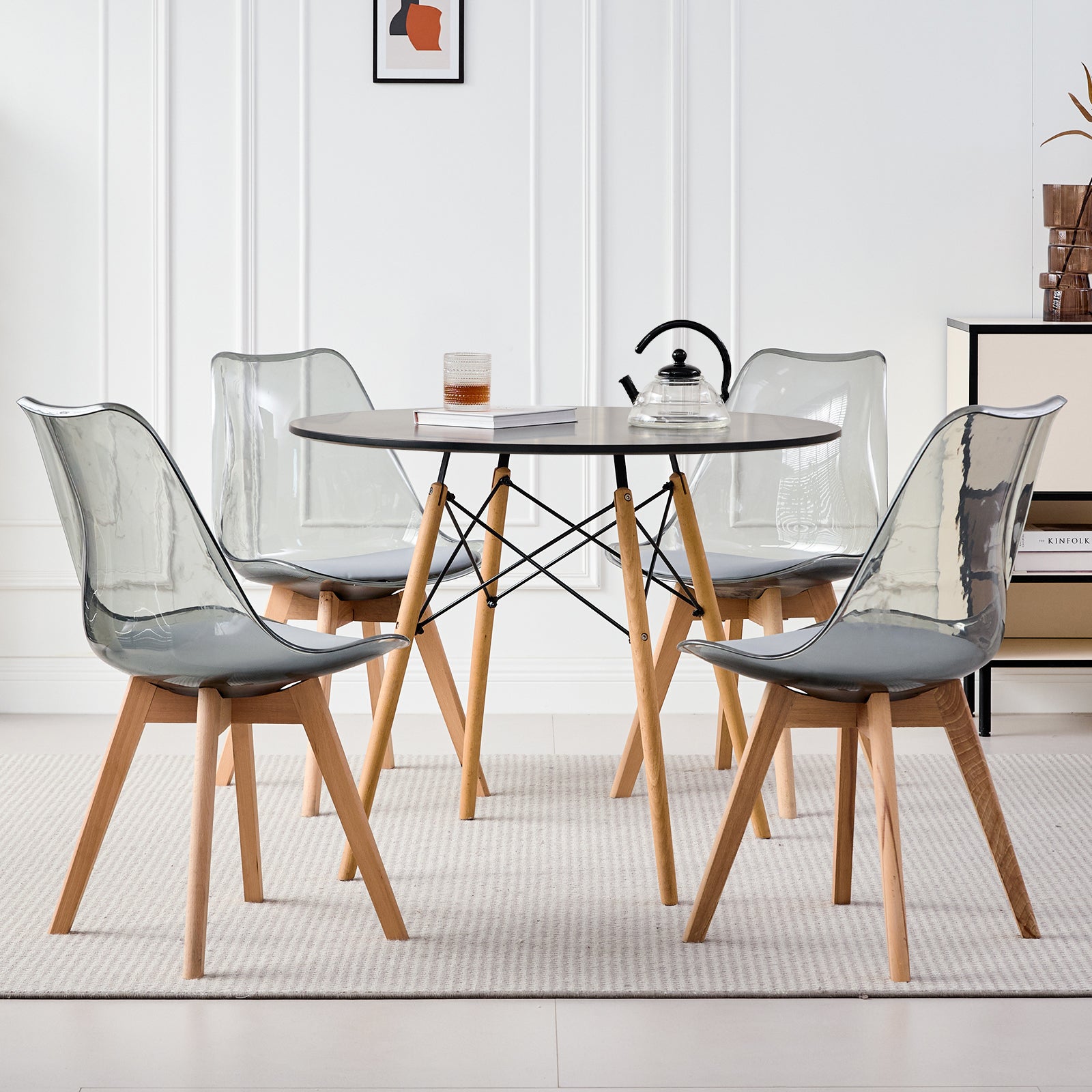 5 Piece Round Dining Table Set for 4, 35.5" Kitchen Table with 4 Clear Gray Acrylic Chairs for Restaurant Bedroom Living Room, Space Saving Black Table Chair Set of 4