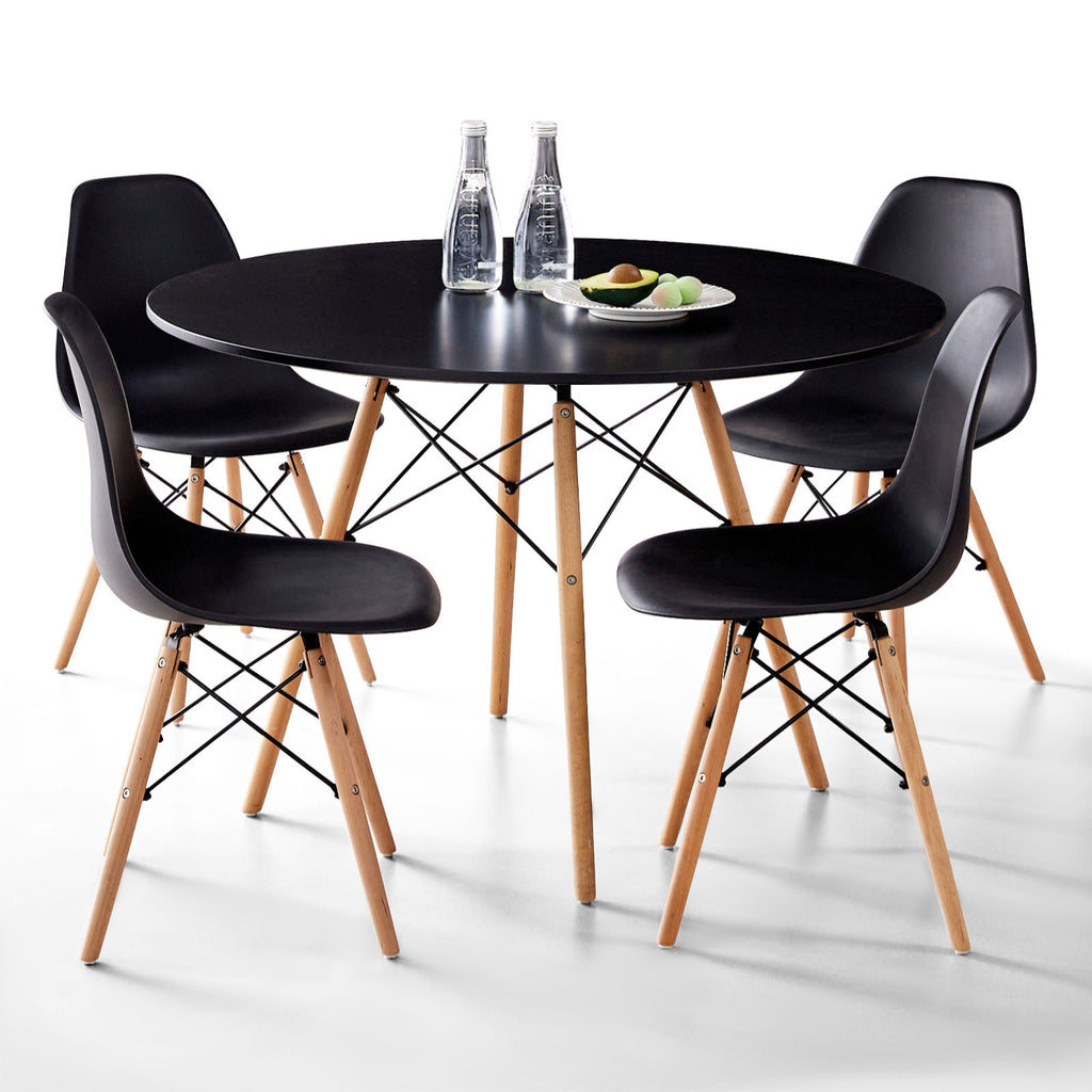 5 Piece 35.5'' Round Dining Table Set for 4, Kitchen Table & Chairs Set of 4, Mid-Century Modern Table W/ 4 Chairs for Home, Living Room, Apartment, Wood Legs, Metal Frame, Black