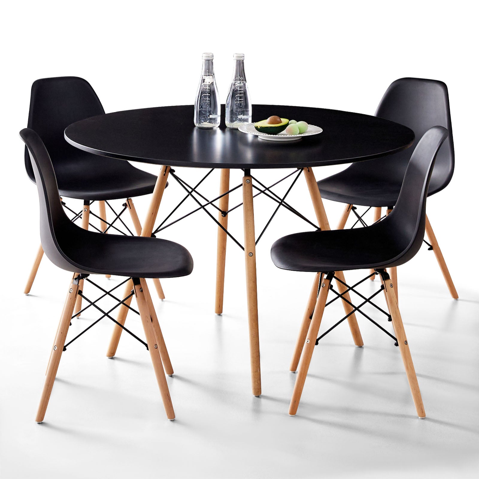 5 Piece 35.5'' Round Dining Table Set for 4, Kitchen Table & Chairs Set of 4, Mid-Century Modern Table W/ 4 Chairs for Home, Living Room, Apartment, Wood Legs, Metal Frame, Black