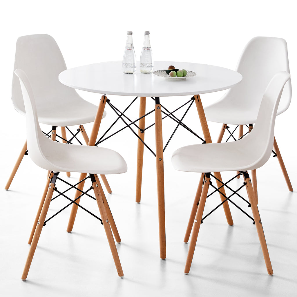 5-Piece 35.5'' Round Dining Table Set for 4, Kitchen Table Chair Set of 4, Mid-Century Modern Dinette Dining Room Table Set Dinner Table for 4 W/Solid Wood Legs, White