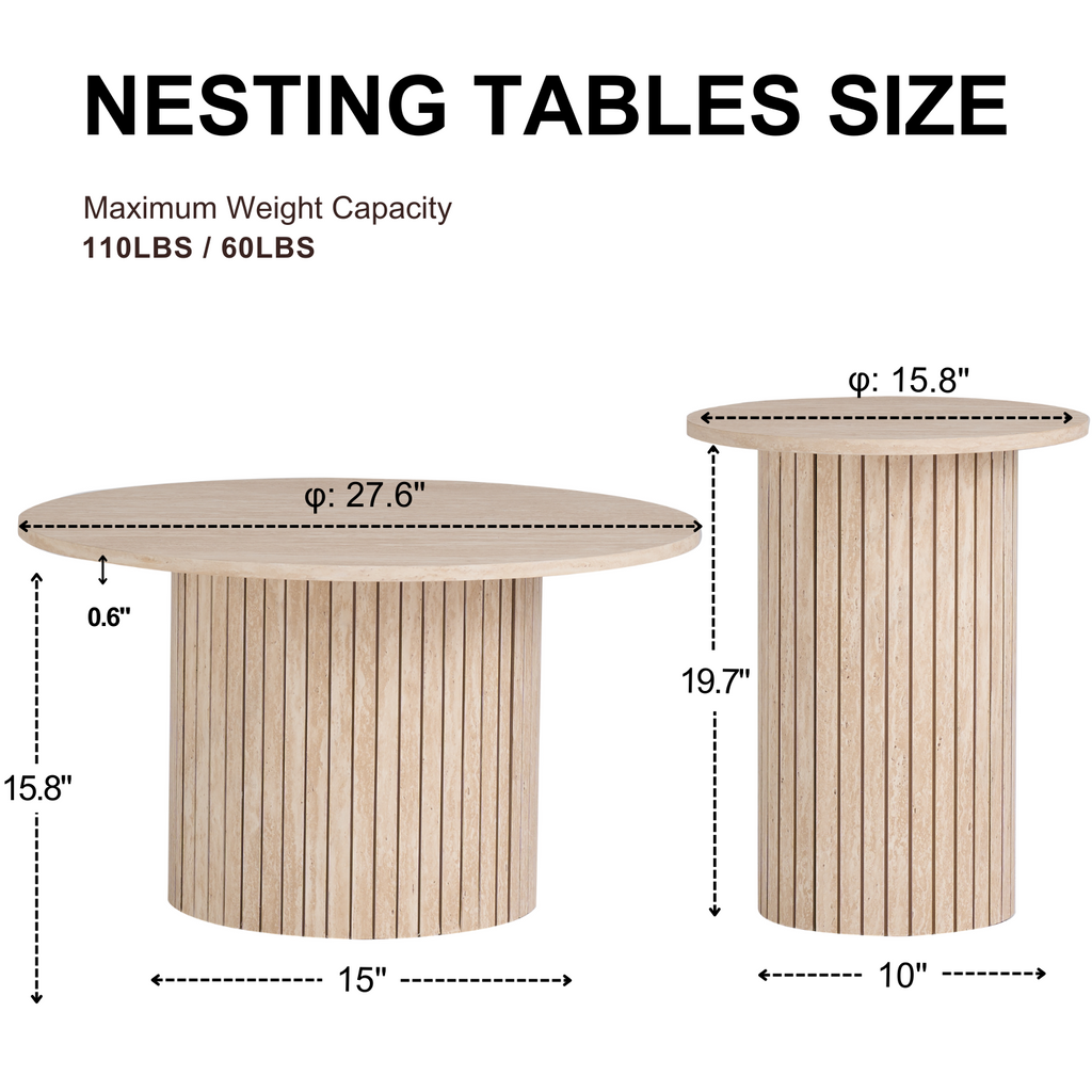 Round Nesting Coffee Tables Set of 2, Boho Wood Circle Side Table Fluted Drum, Farmhouse End Table for Living Room Bedroom, Apartment, Stone-patterned