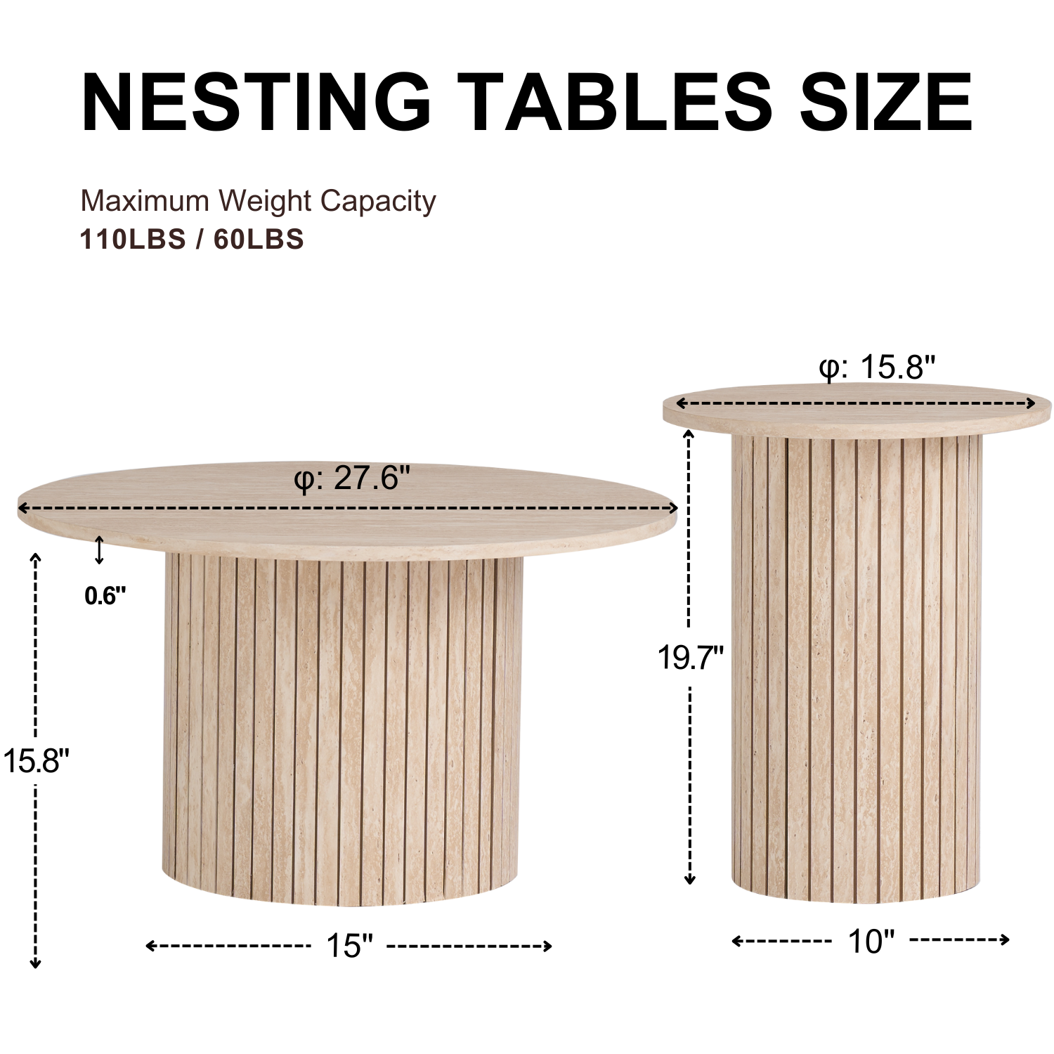 Round Nesting Coffee Tables Set of 2, Boho Wood Circle Side Table Fluted Drum, Farmhouse End Table for Living Room Bedroom, Apartment, Stone-patterned