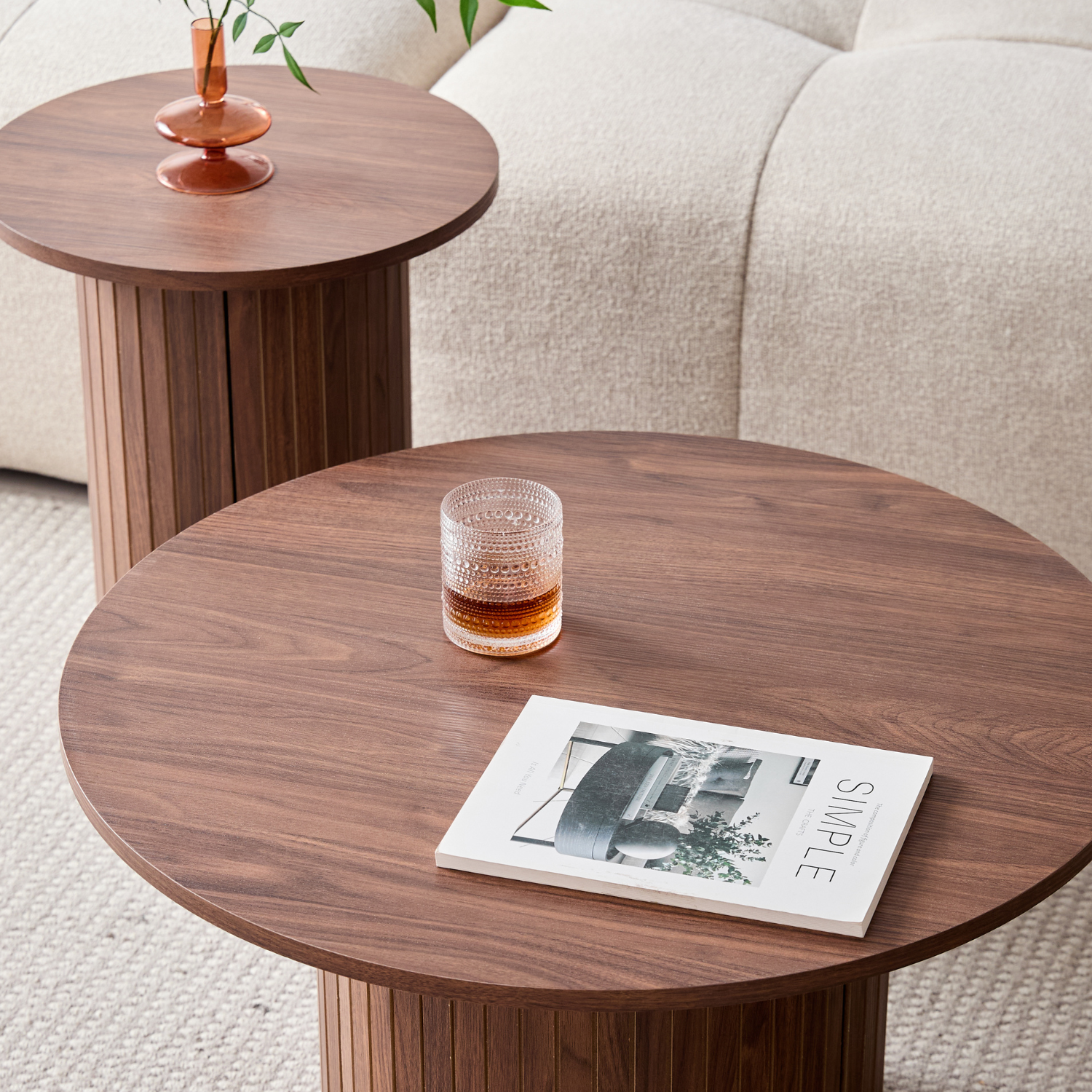 Round Nesting Coffee Tables Set of 2, Boho Wood Circle Side Table Fluted Drum for Living Room Bedroom, Apartment(Walnut)