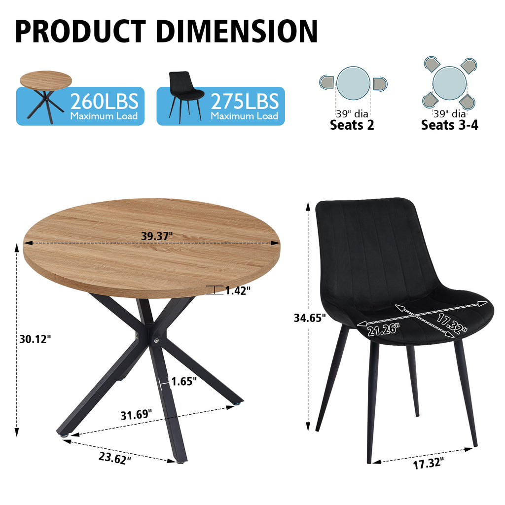 39" Round Dining Table Set for 4, Mid Century Kitchen Table with 4 Black Upholstered Dining Chairs for Apartment Living Room Space Saving,Brown Table