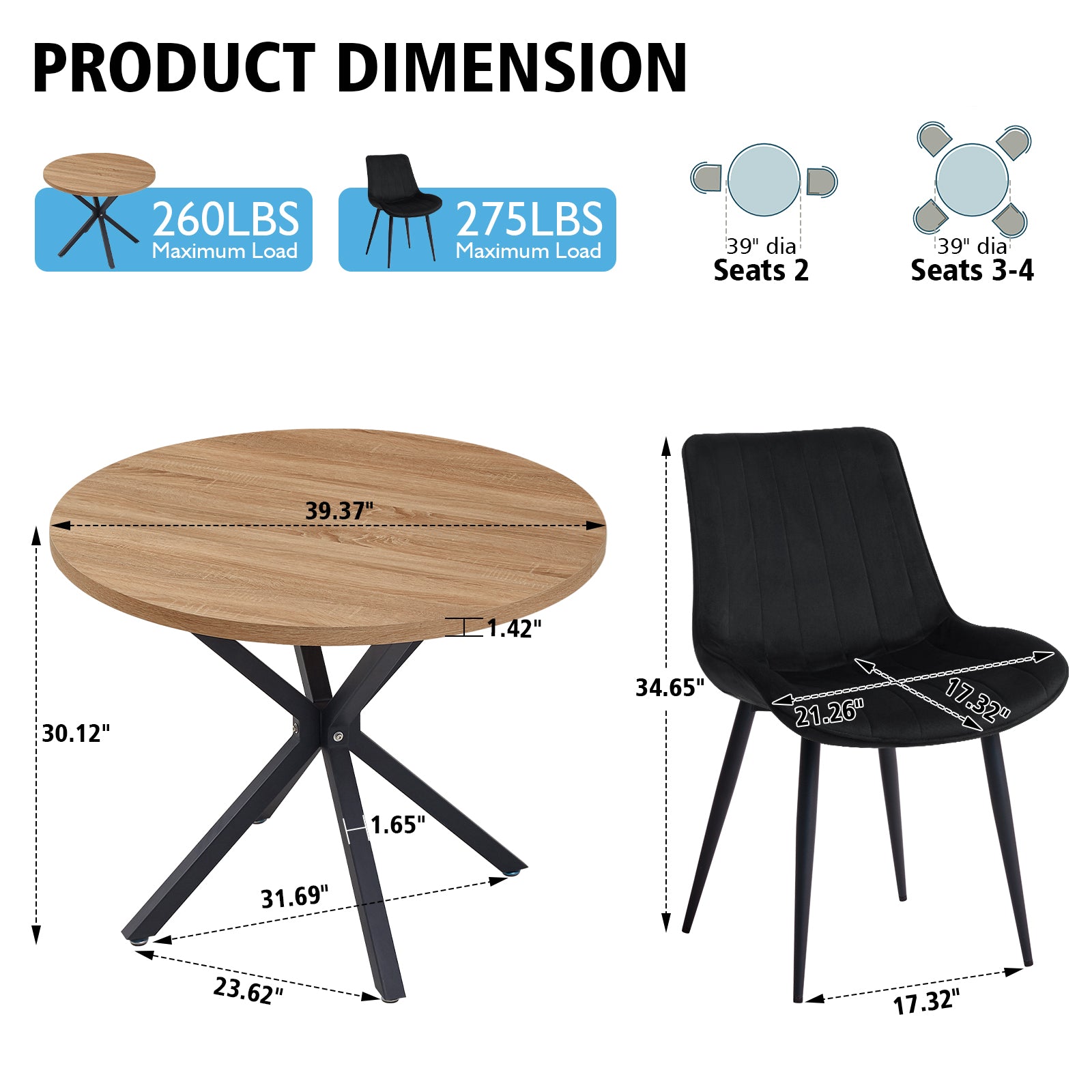 39" Round Dining Table Set for 4, Mid Century Kitchen Table with 4 Black Upholstered Dining Chairs for Apartment Living Room Space Saving,Brown Table