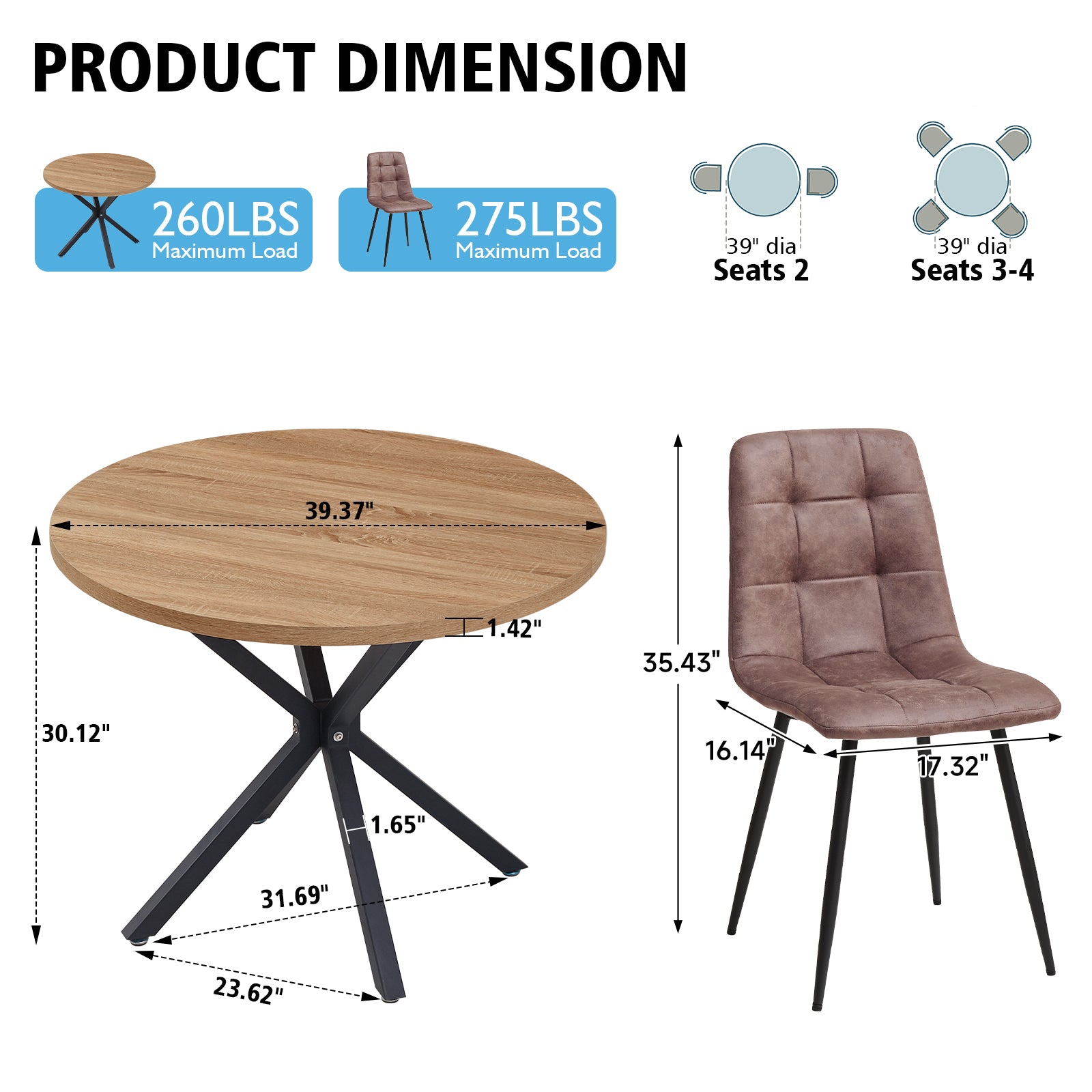 5 Pieces Round Dining Table Set - Mid-Century Brown Dining Table with 4 Brown Faux Leather Chairs Set, Coffee Table & Chairs with Black Metal Legs for Kitchen Dining Room, Apartment