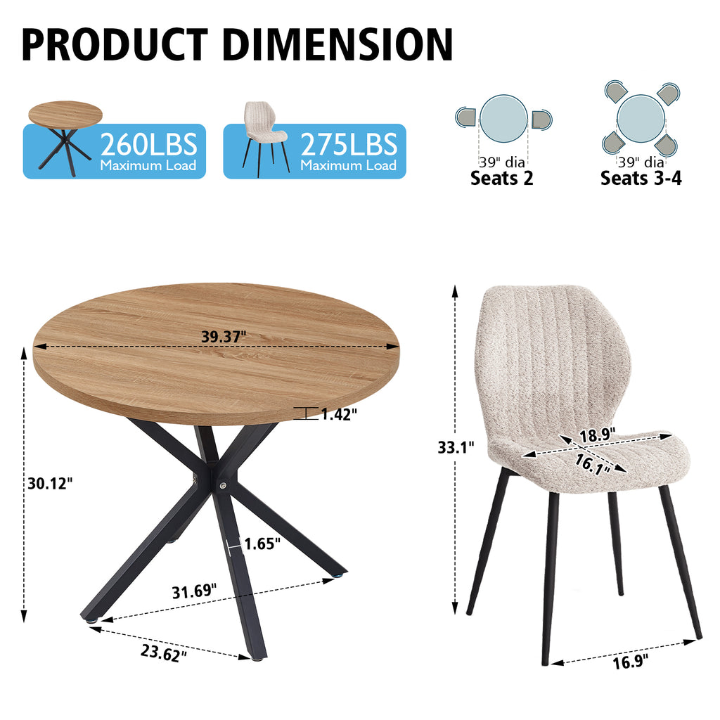 39" Round Dining Table Set for 4, Mid Century Kitchen Table with 4 Beige Upholstered Dining Chairs for Apartment Living Room Space Saving,Brown Table