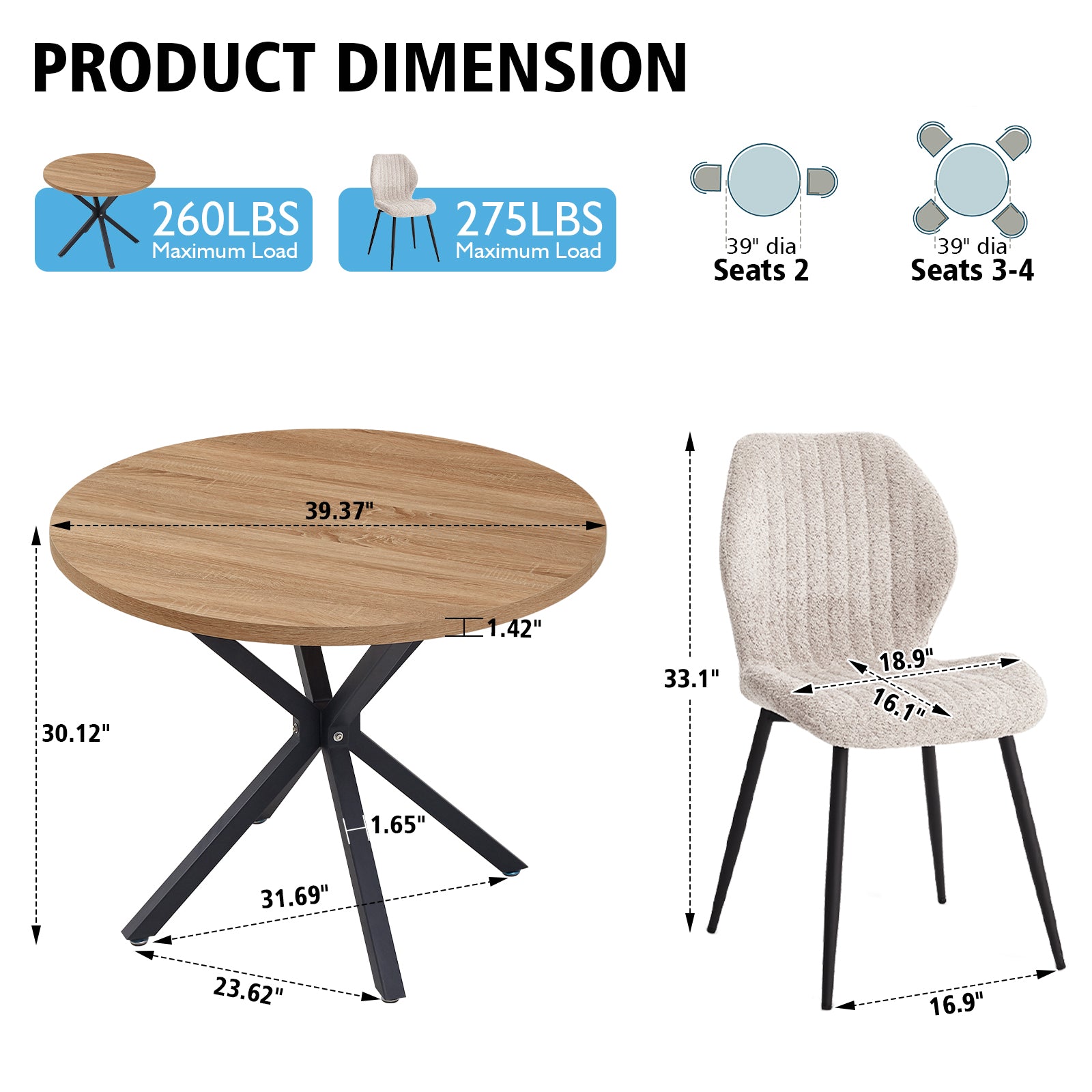 39" Round Dining Table Set for 4, Mid Century Kitchen Table with 4 Beige Upholstered Dining Chairs for Apartment Living Room Space Saving,Brown Table