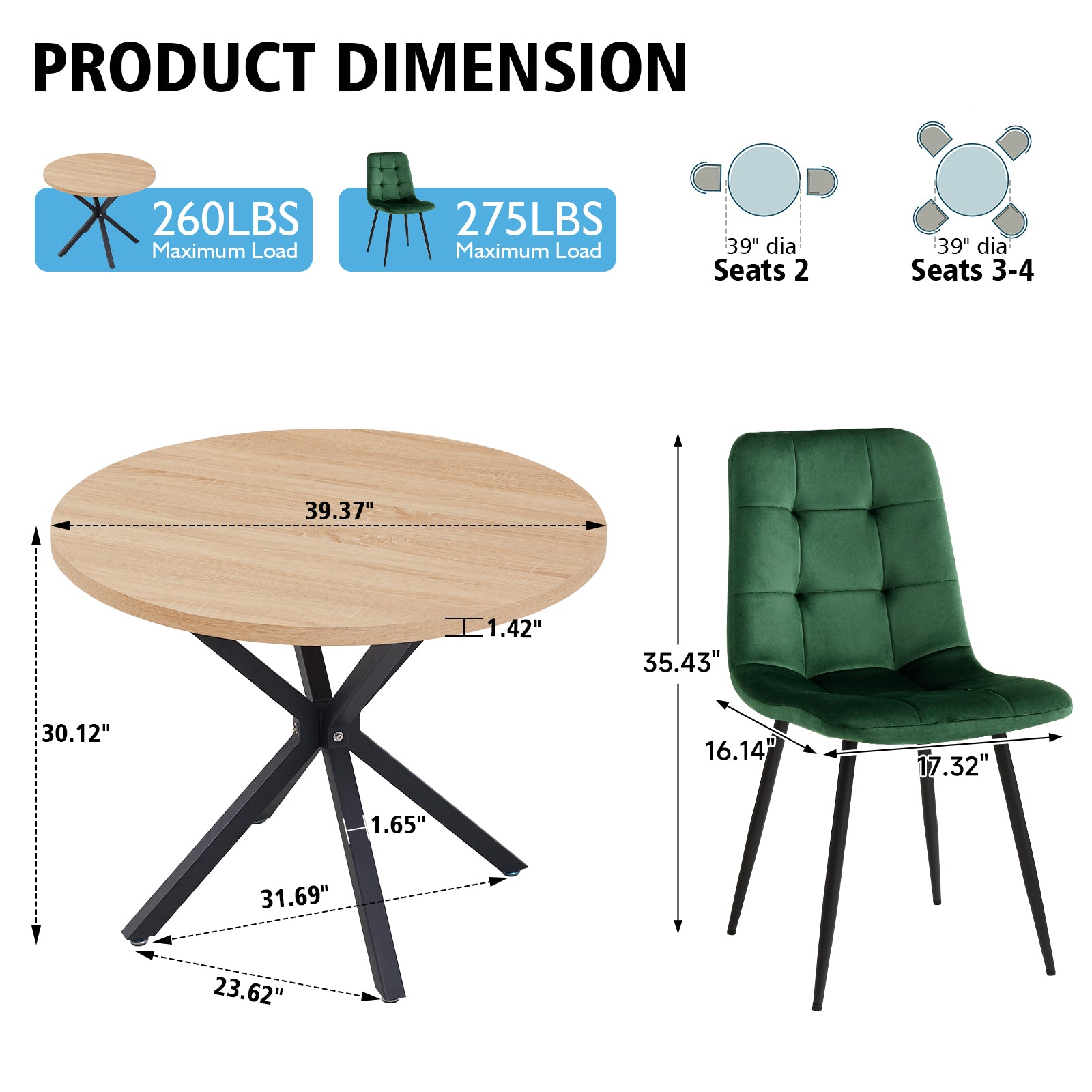 39" Round Dining Table Set for 4, Mid Century Kitchen Table with 4 Green Velvet Upholstered Dining Chairs for Apartment Living Room Space Saving