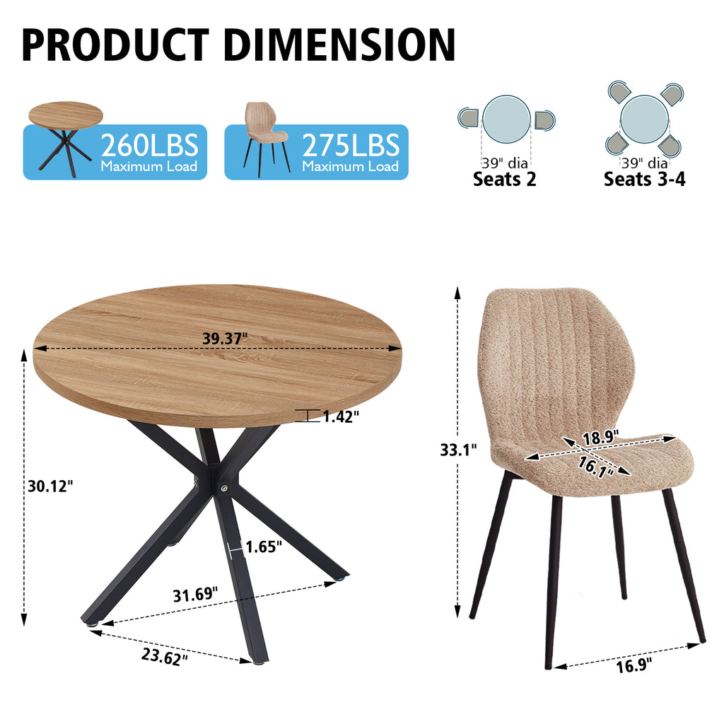 39" Round Dining Table Set for 4, Mid Century Kitchen Table with 4 Brown Upholstered Dining Chairs for Apartment Living Room Space Saving,Brown Table